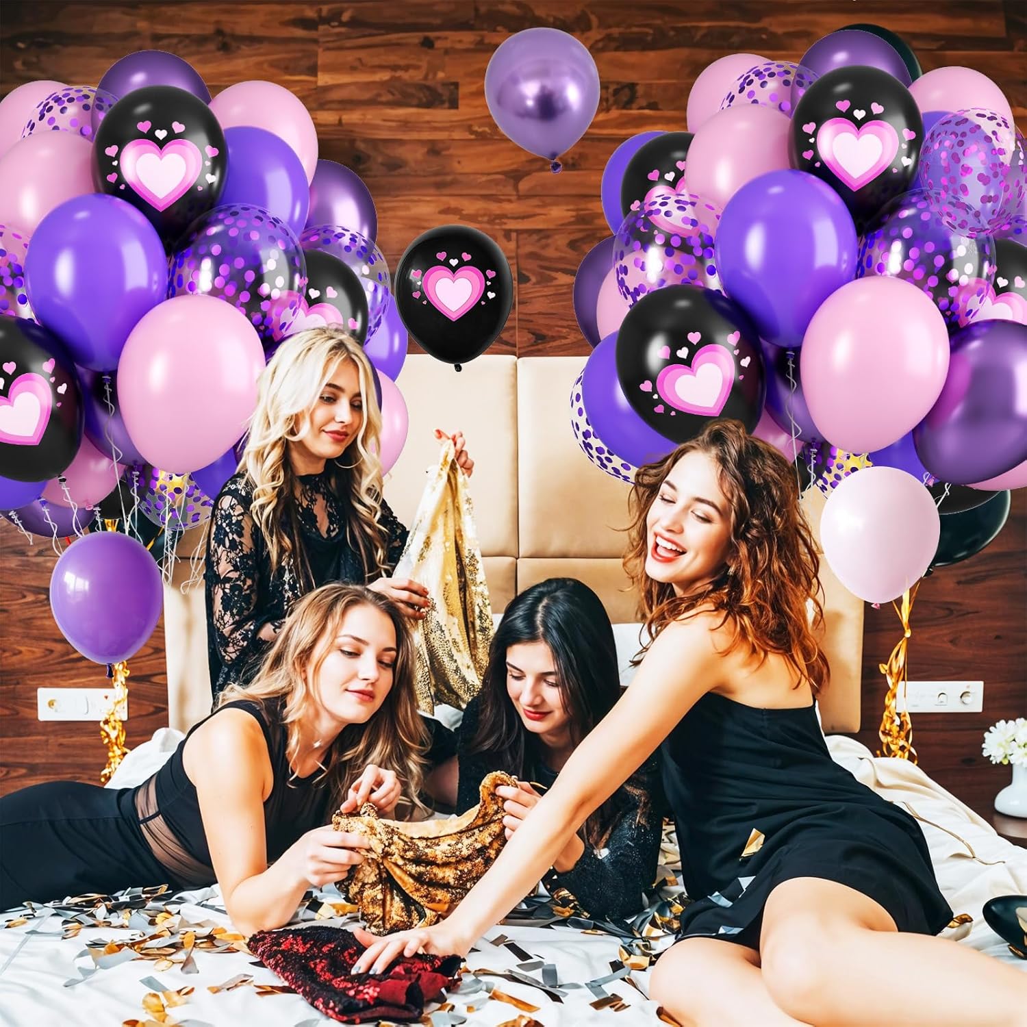 Thumbnail 6 de Pink Purple Black Balloons, 50PCS 12 Inch - Black Macaron Metallic Purple Pink Heart Printed for Princess Theme Party