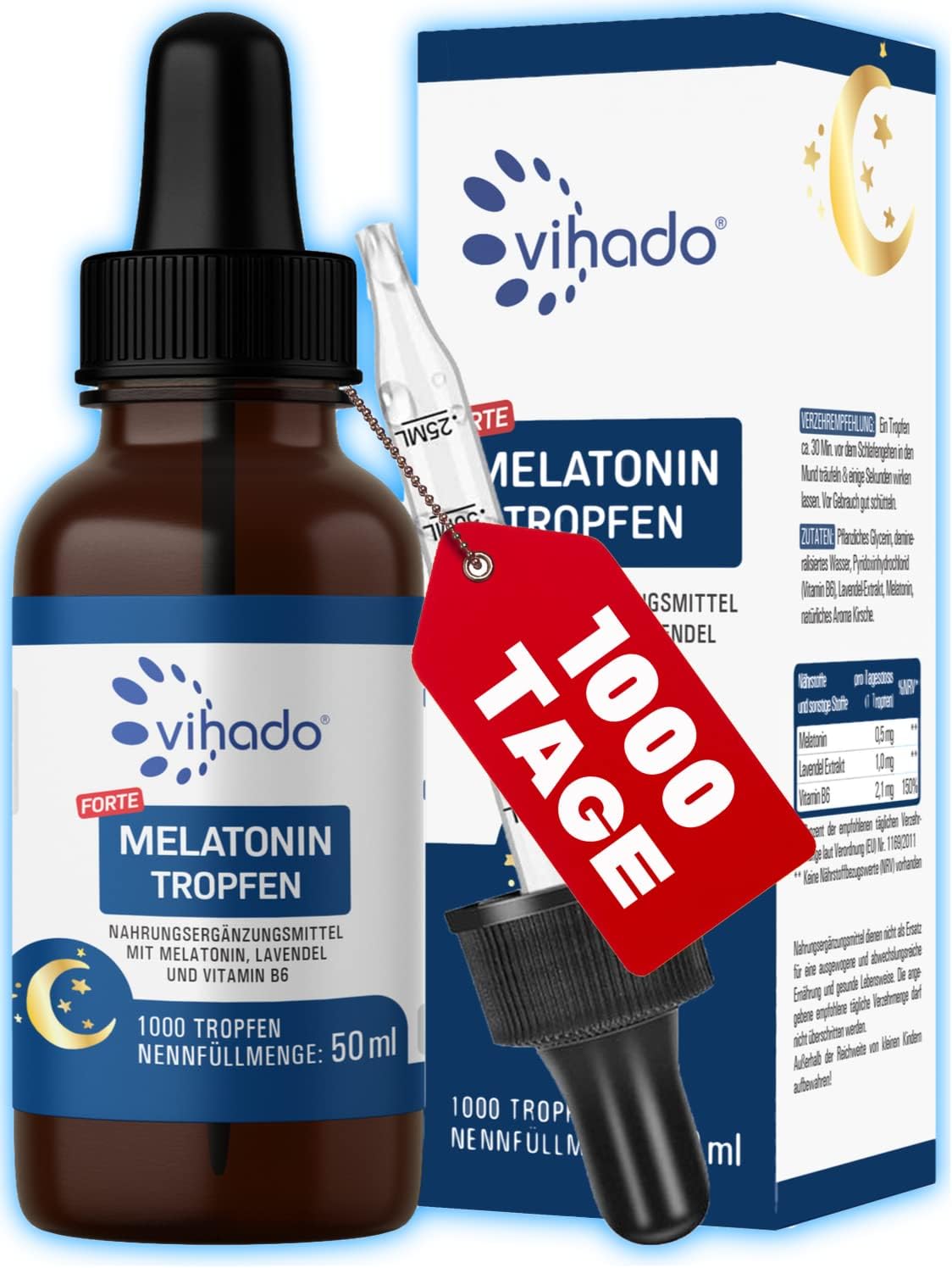 Detalle de Vihado Melatonin Tropfen 1000 Nächte Forte – hochdosiert, schnell einziehend, Kirschgeschmack, 50 ml