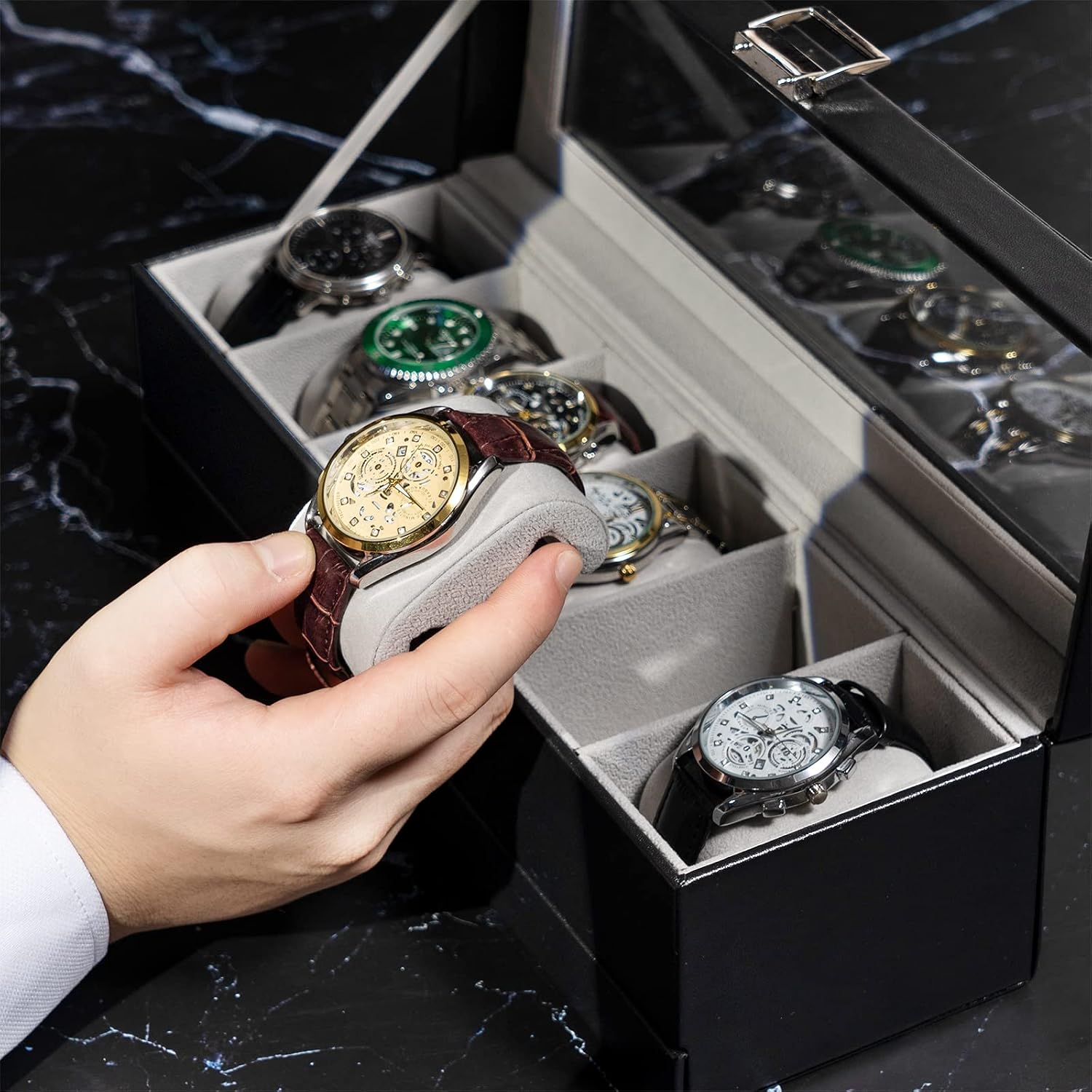 Detalle de ProCase Scatola porta orologi con 6 scomparti e coperchio in vetro – 32,5×11×11 cm
