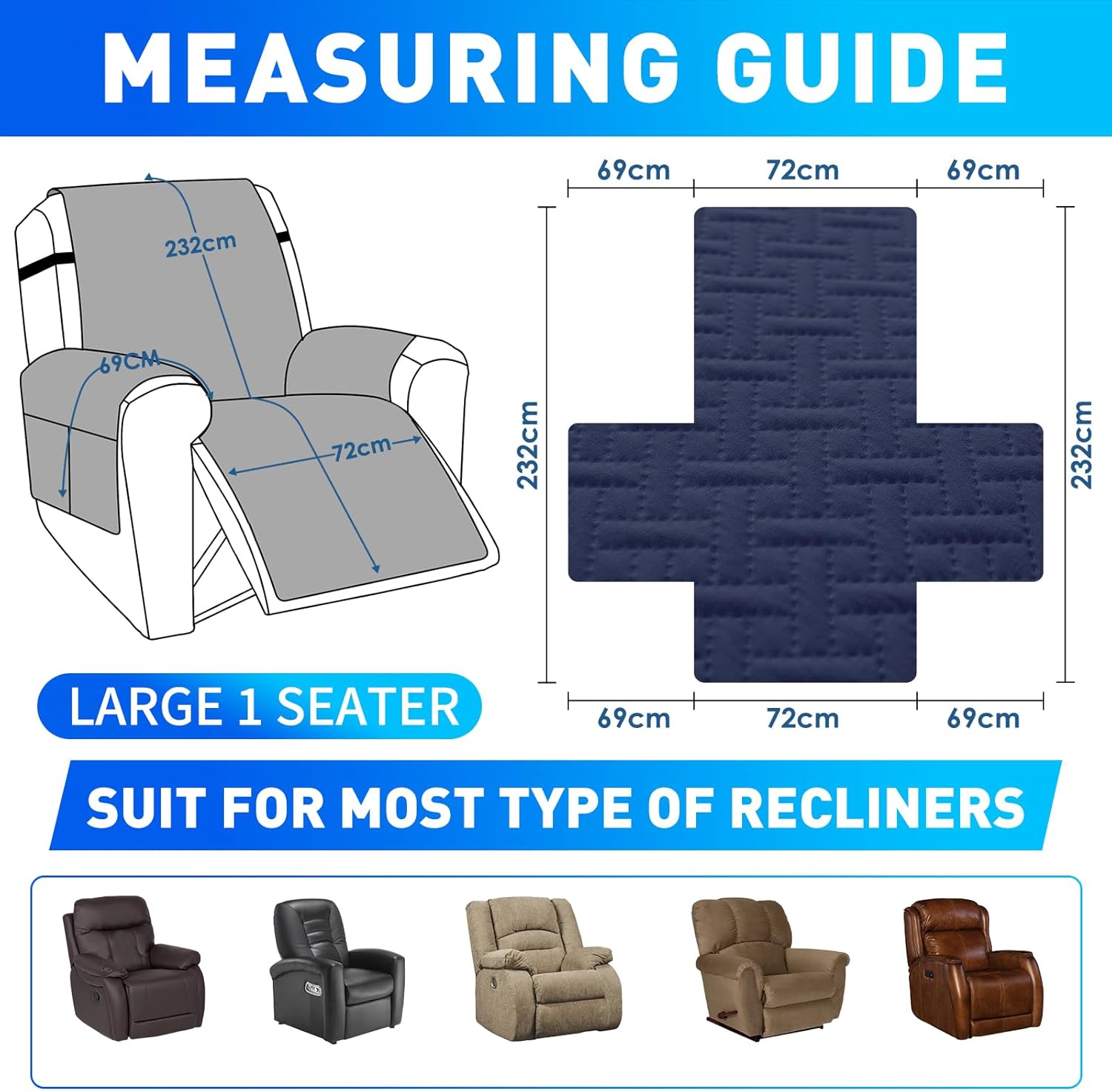 Thumbnail 2 de CYCMACO Copripoltrona Grande 1 Posto Relax Reclinabile Blu Scuro – Impermeabile con Tasche Laterali