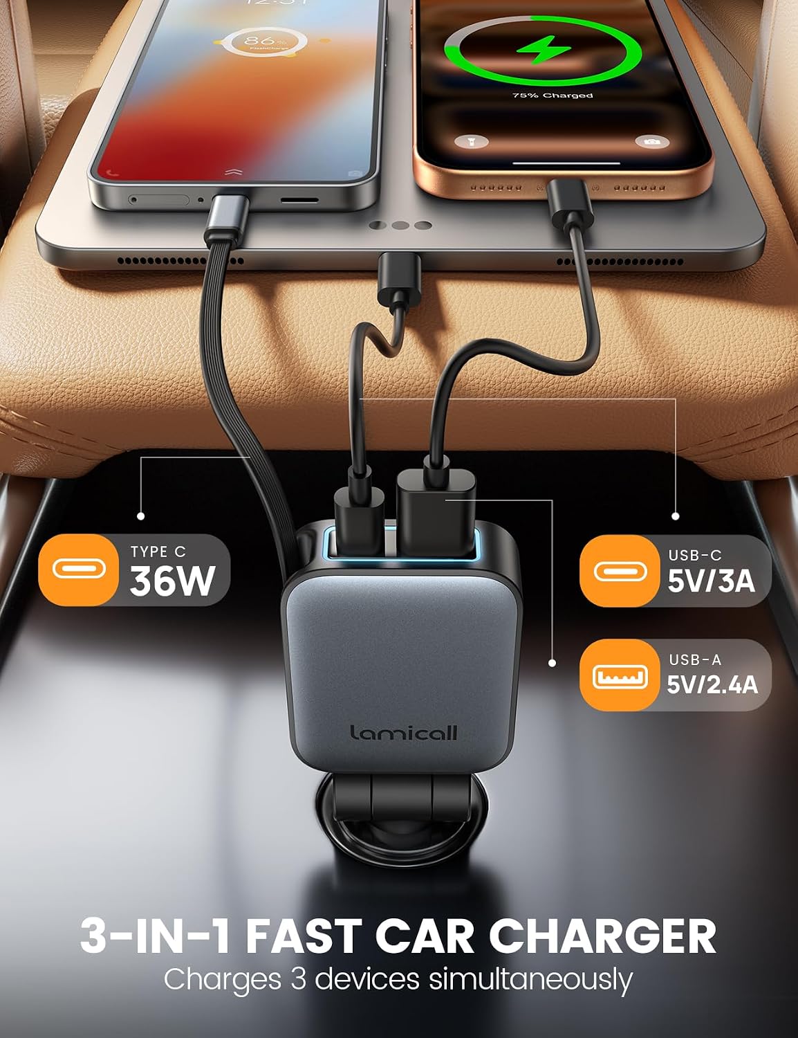 Thumbnail 4 de Lamicall 3-IN-1 Retractable Car Phone Charger – 63W, 12V/24V with Retractable Type-C Cable