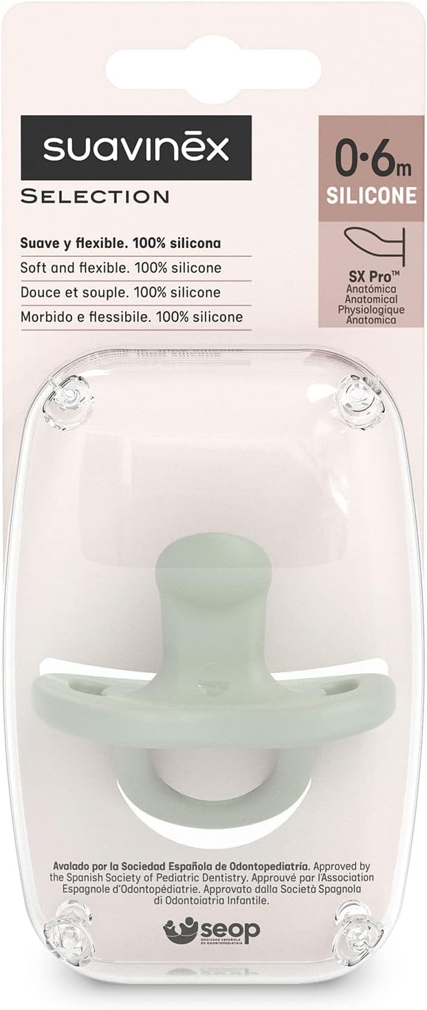 Detalle de Suavinex Ciuccio tutto silicone 0–6 mesi SX Pro, tettarella anatomica per sonno sereno – Colour Essence Verde
