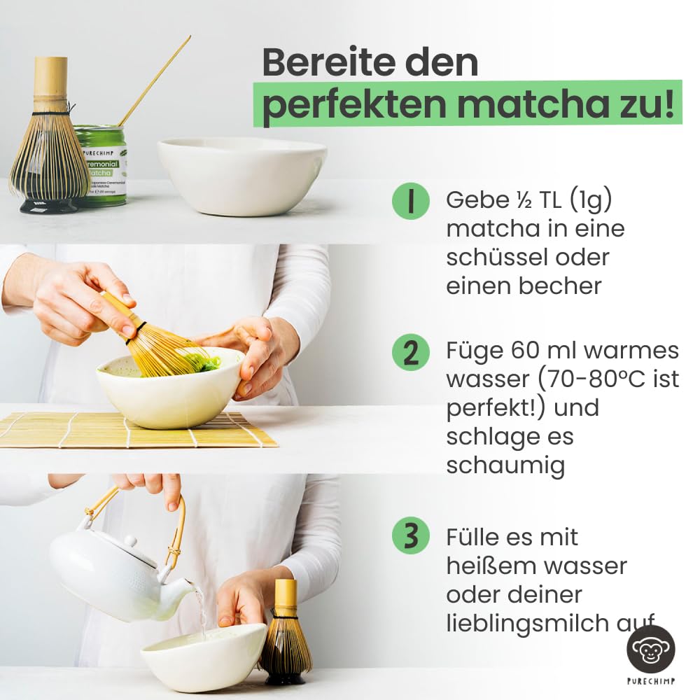 Detalle de PureChimp Ceremonial Matcha (100 g) – 100% reines Matcha-Pulver für Latte, Aufgüsse & Rezepte