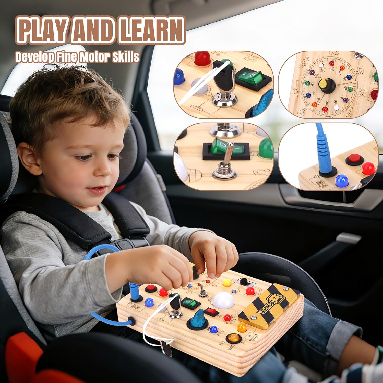 Detalle de Busy Board Montessori Holz – 10 Schalter, 23 LEDs, ab 1 Jahr