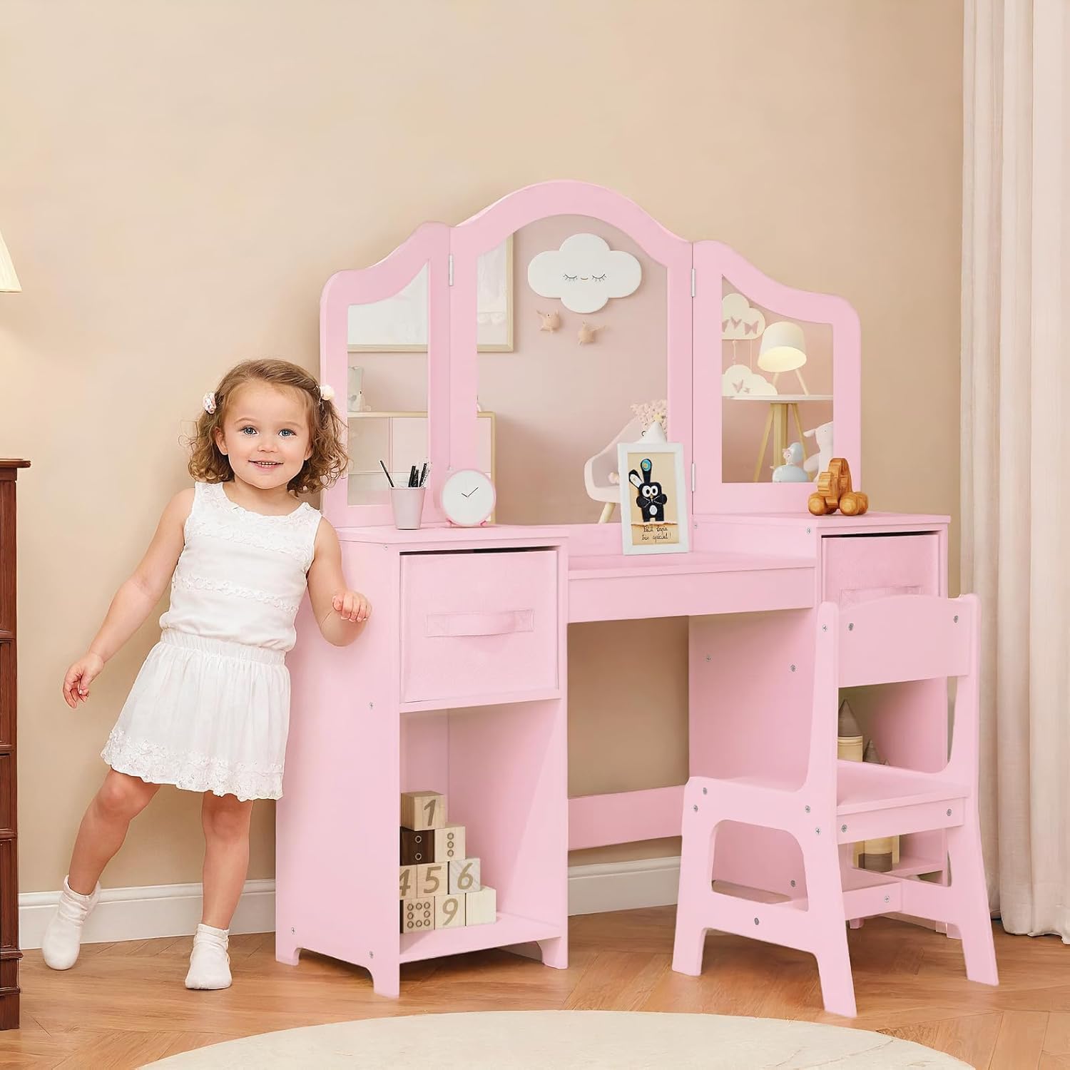 Thumbnail 6 de Clevich Kids Vanity Table and Chair Set 2-in-1 | Pink, with Removable Mirror & Stool
