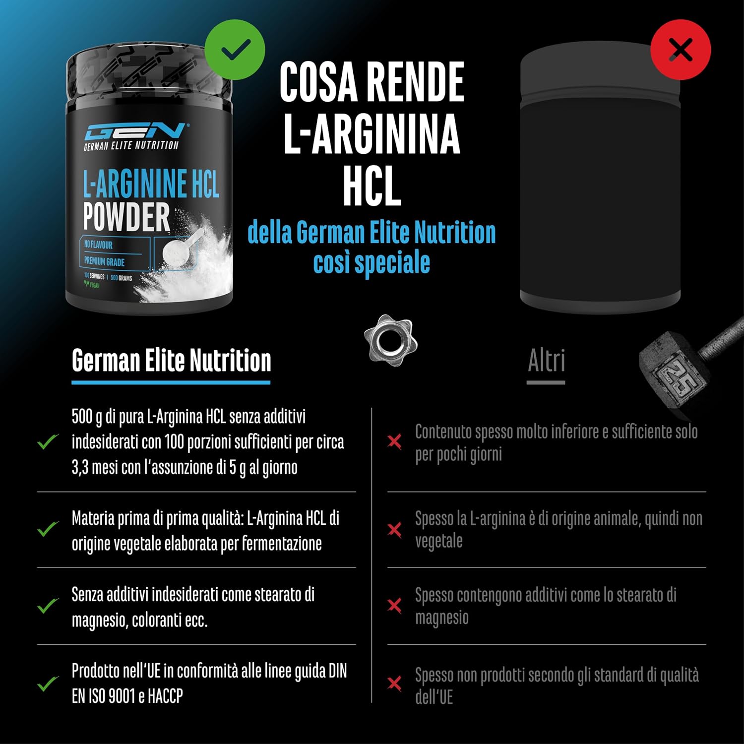 Thumbnail 3 de GEN German Elite Nutrition L-Arginina HCL 500 g in polvere (L-arginina cloridrato, vegana)