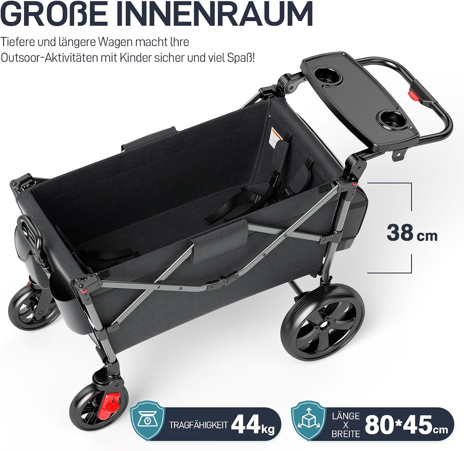 Detalle 2 de EVER ADVANCED Bollerwagen für 2 Kinder faltbar mit Dach, 5-Punkt-Sicherheitsgurt und Wickelrucksack