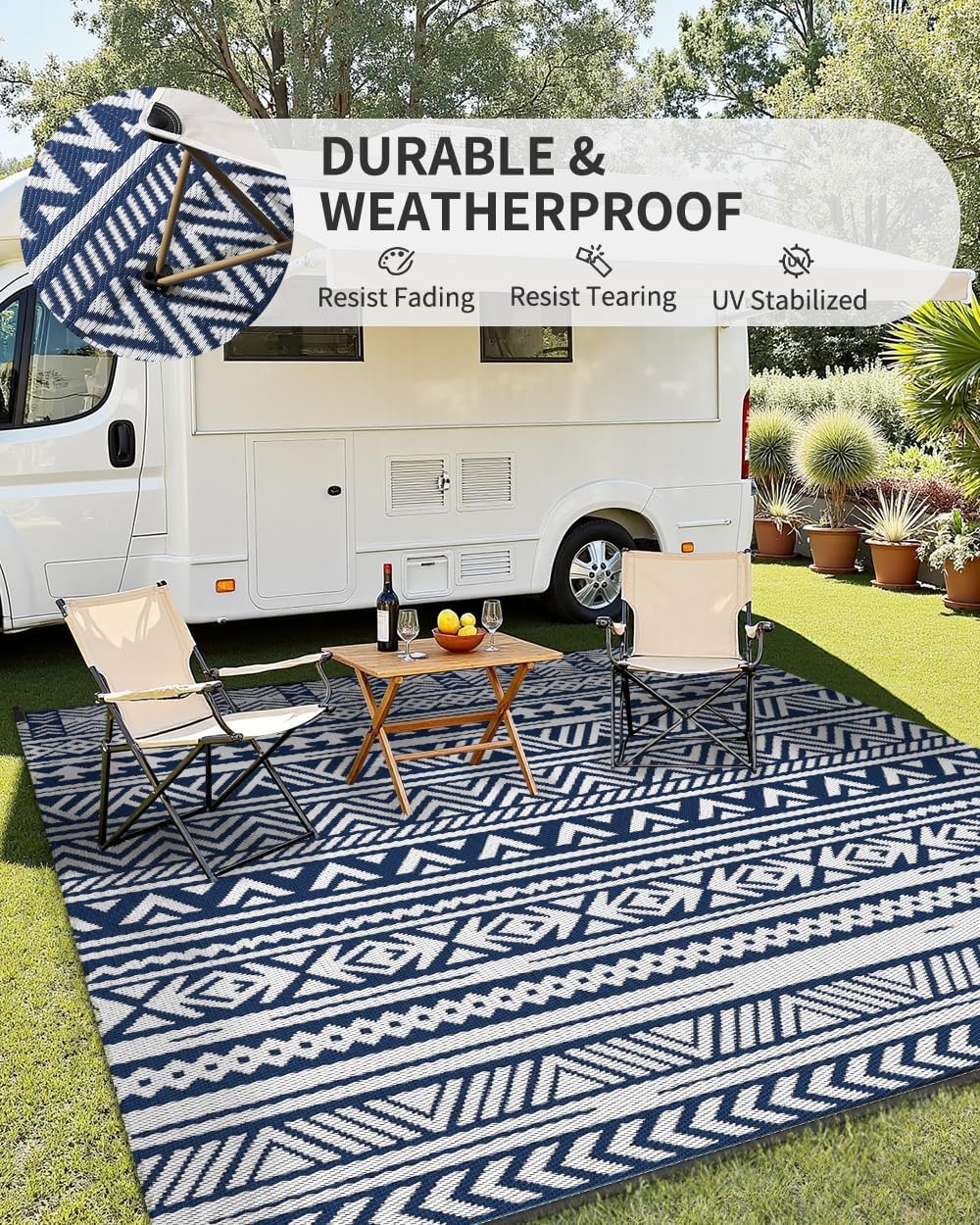 Thumbnail 2 de MontVoo-Outdoor Rug Carpet Waterproof 5x8 ft: Reversible, Durable Boho Navy Blue Patio Rug