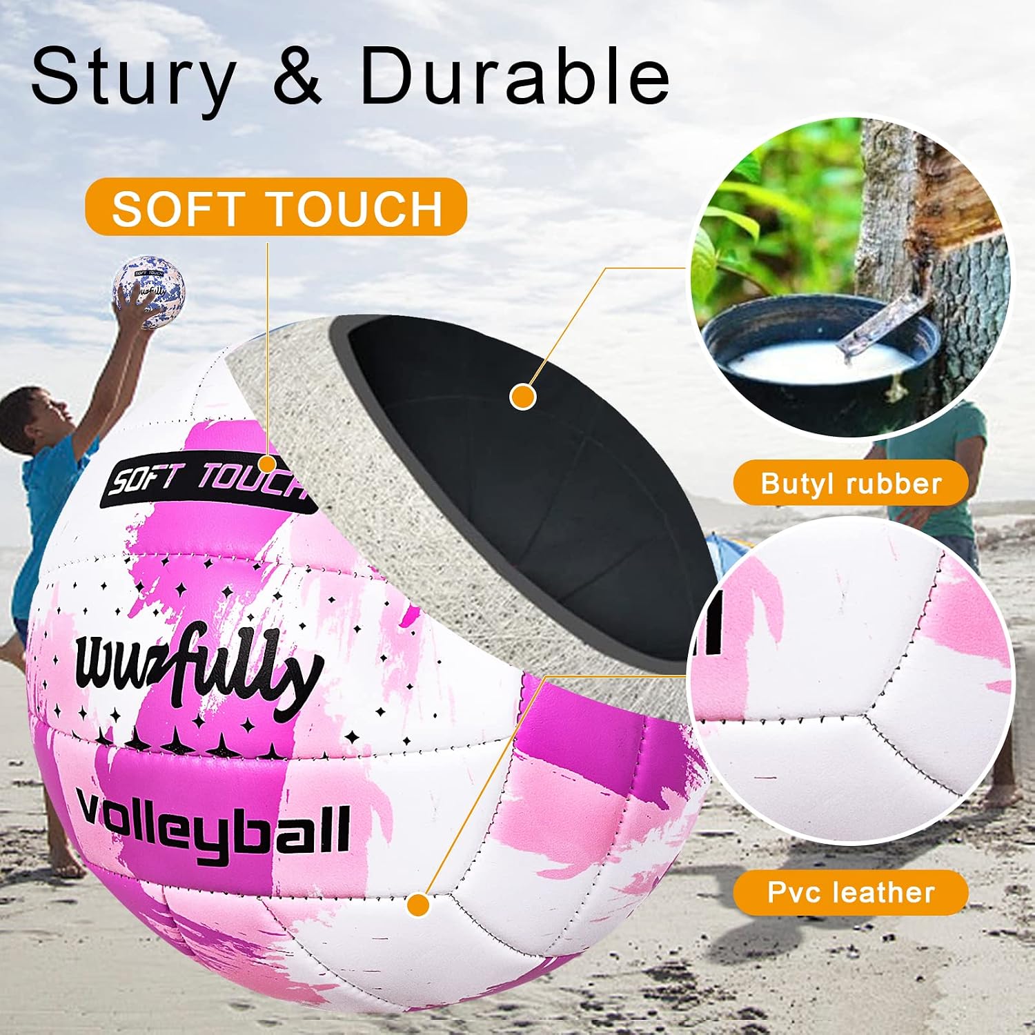 Detalle de Wuzfully Volleyball Kinder Soft Touch (Größe 5) – leichter Beachball für drinnen & draußen
