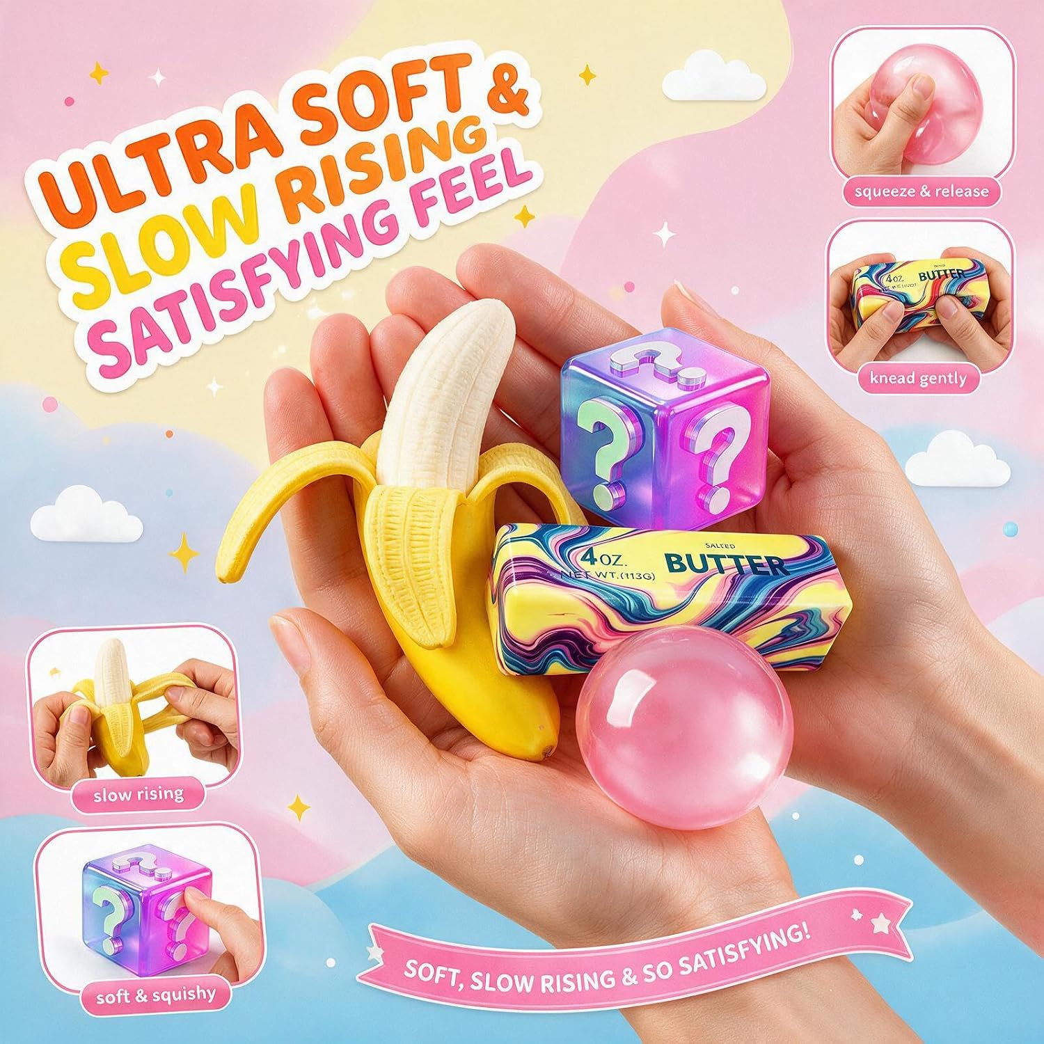 Detalle 2 de XXOUQL 4-Piece Squishy Pack, Butter and Banana TPR Squeeze Toys