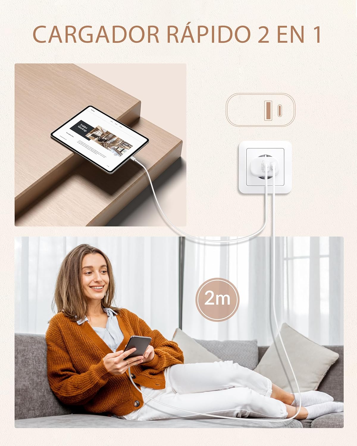 Thumbnail 4 de Cargador 20W 2 puertos USB-C USB-A con cable 2 m