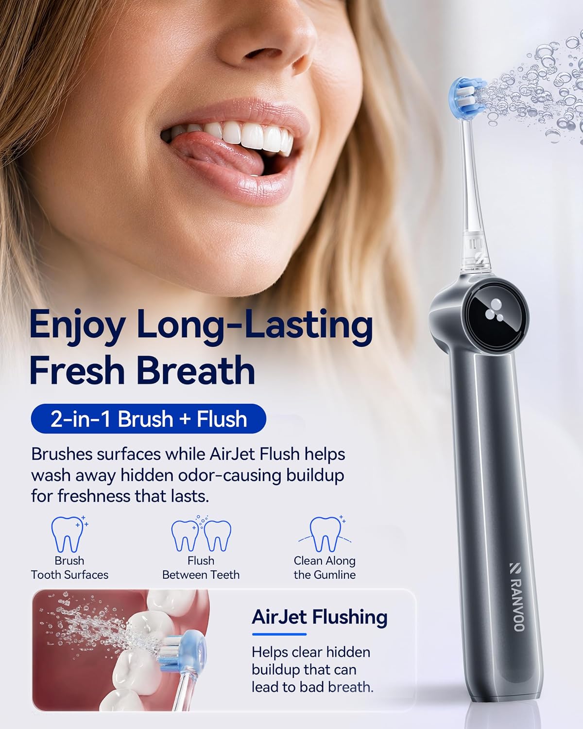 Detalle 2 de RANVOO AirJet X5 Sonic Electric Toothbrush (AirJet Jet-Flow, 60-Day Battery, 3 Pro Brush Heads) in Space Gray