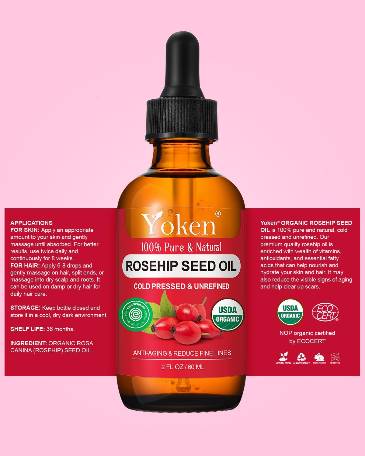 Thumbnail 6 de Yoken Organic Rosehip Seed Oil (100% Pure, Cold-Pressed, Unrefined) for Face, Skin, Hair & Nails — 2 fl oz