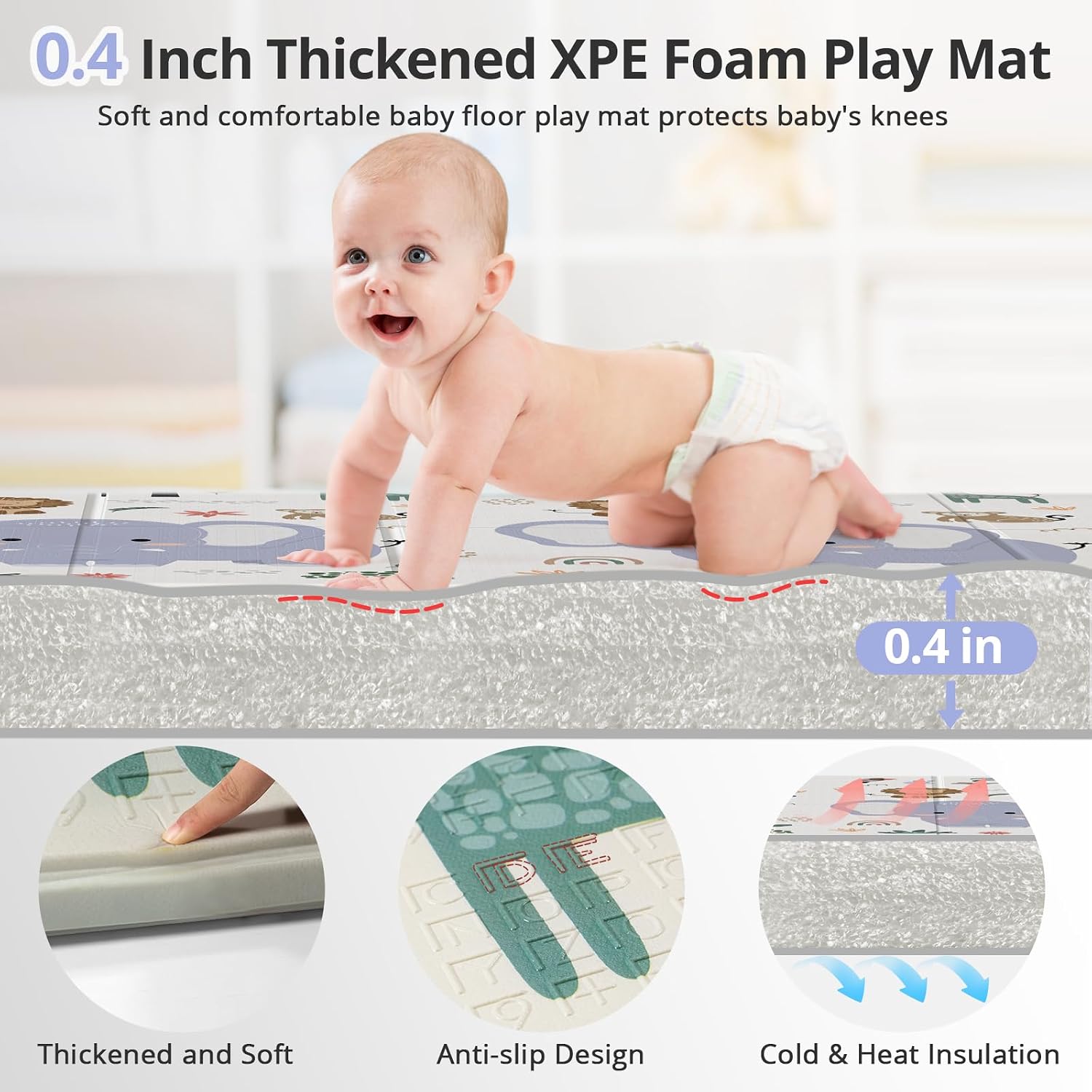 Detalle de NOONKTY 79 x 71-Inch Baby Play Mat, Foldable XPE Foam, Waterproof, Double-Sided