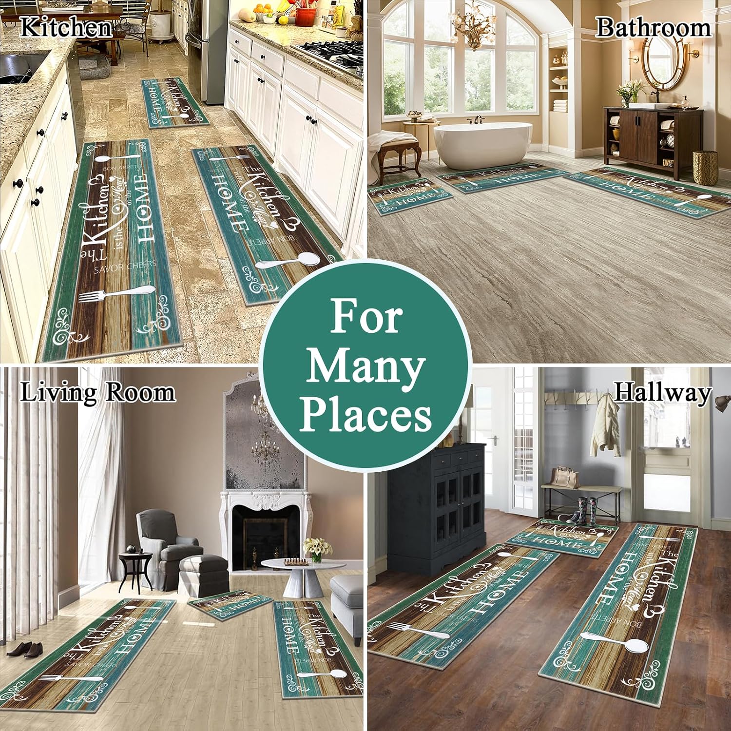 Thumbnail 2 de Vaukki Boho Kitchen Rug Sets (3-Piece) — Washable Non-Slip Kitchen Mats for Floor, Teal