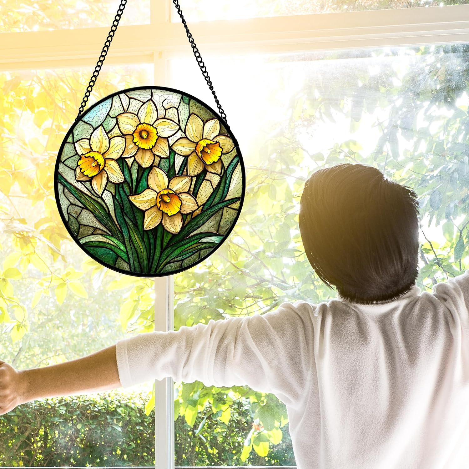 Detalle de DASTOLL Daffodil Flower Glass Suncatcher, 7.8-Inch Window Hanging
