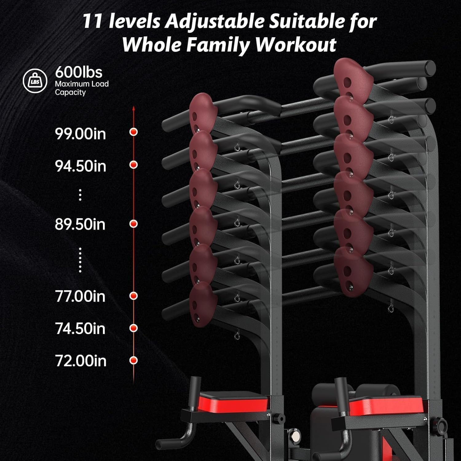 Detalle 2 de pooboo Power Tower Dip Station with 11 Height Settings and Folding Bench