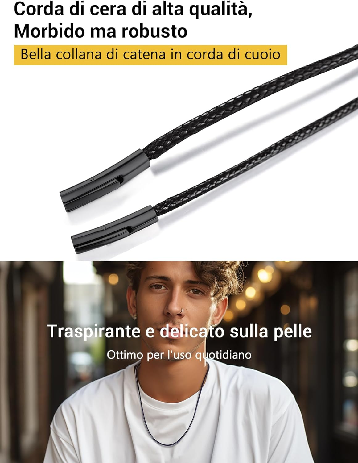 Thumbnail 2 de PROSTEEL collana unisex con cordino nero in pelle rivestita in cera e chiusura in acciaio inox