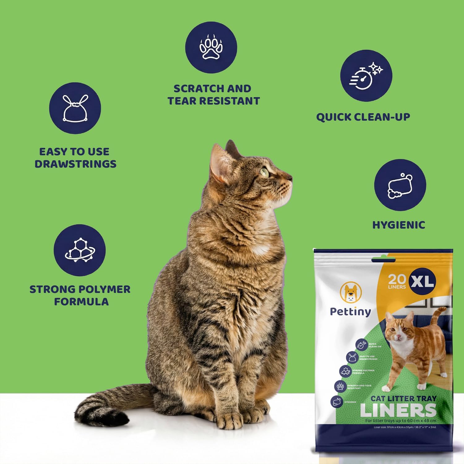 Detalle 2 de Pettiny 20 XL Cat Litter Tray Liners with Drawstrings – Heavy-Duty, Scratch-Resistant, Leakproof Bags for Extra Large Litter Boxes