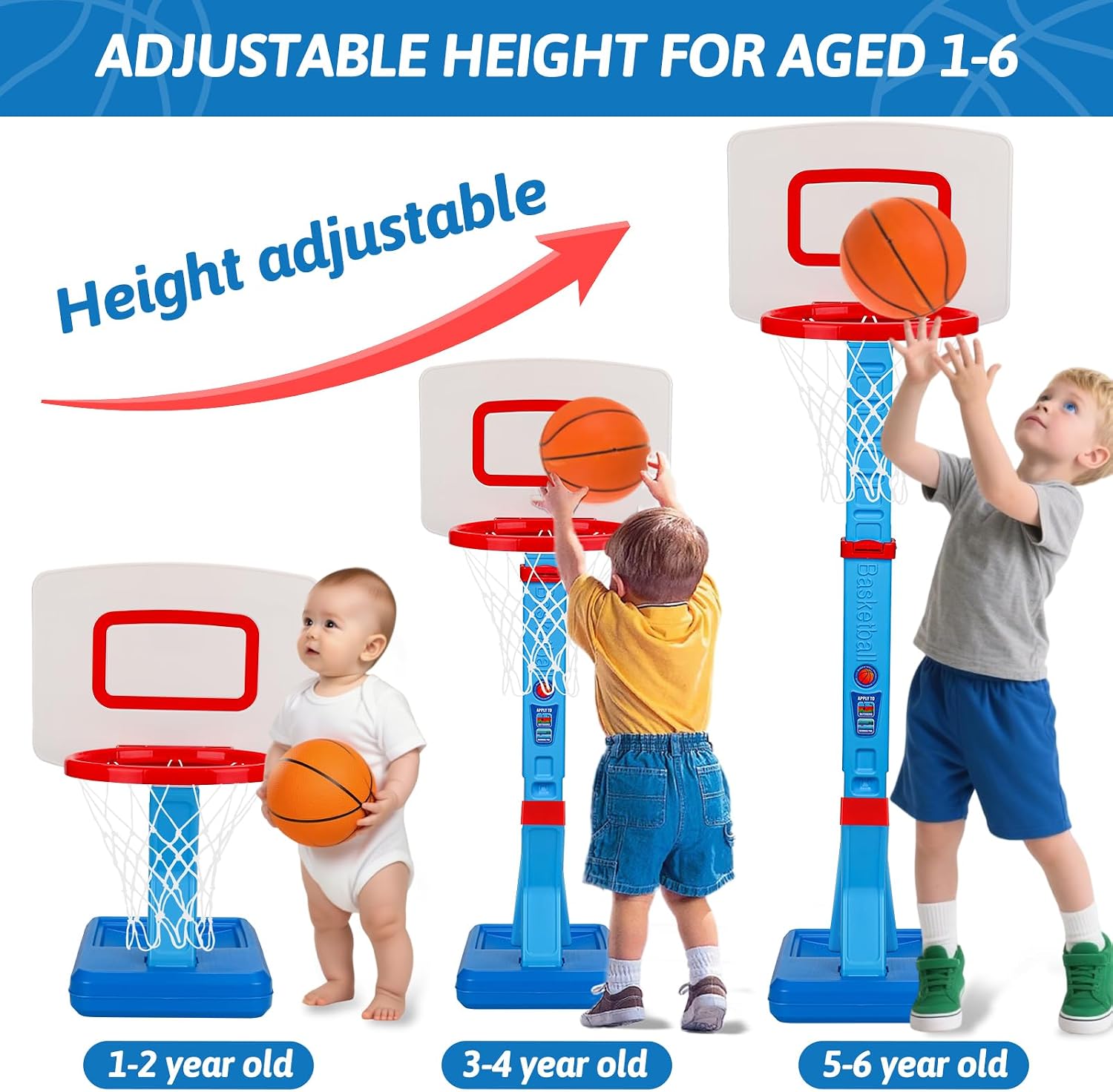 Detalle de Basketball Hoop and Stand for Kids: Adjustable Height 2'3"–4'7" with Balls