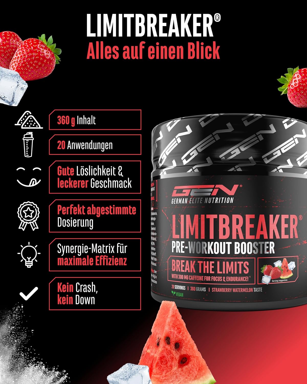 Detalle de LIMITBREAKER Pre Workout Booster mit Koffein 300 mg – Erdbeere Wassermelone, 360 g