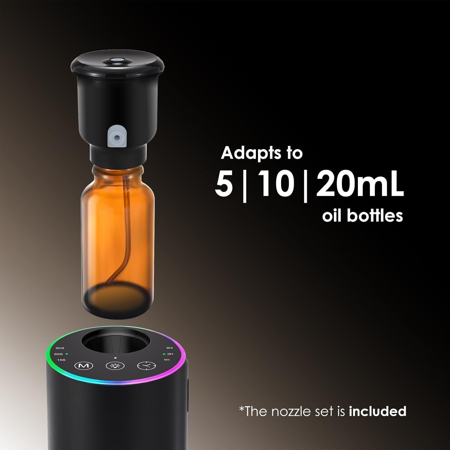Detalle de Waterless Essential Oil Diffuser - Black Aluminium, 7 Colour LED, Battery Powered Mini Scent Machine