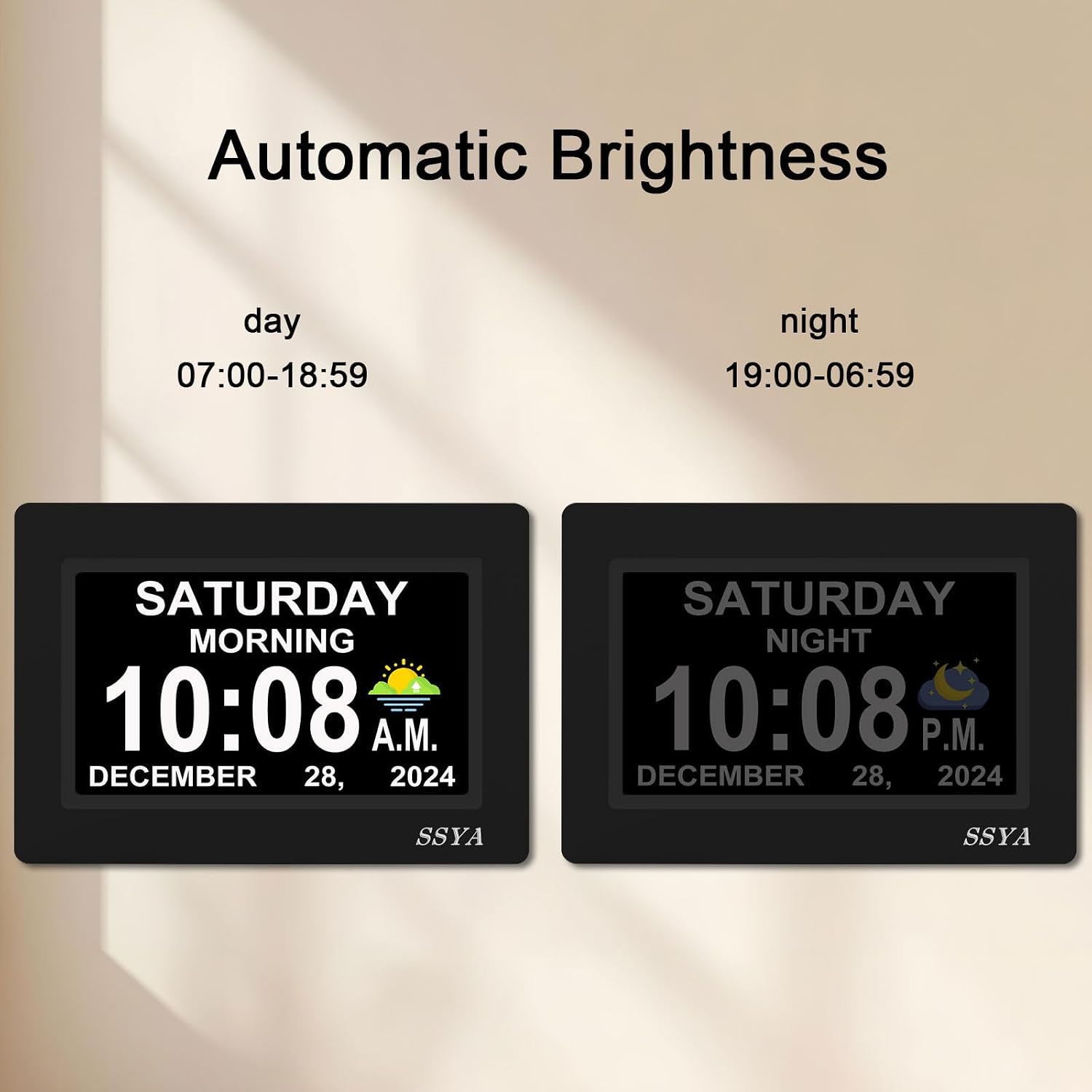 Detalle de SSYA Z071 7-Inch Day Clock with 12 Alarms and Auto-Dimming Display