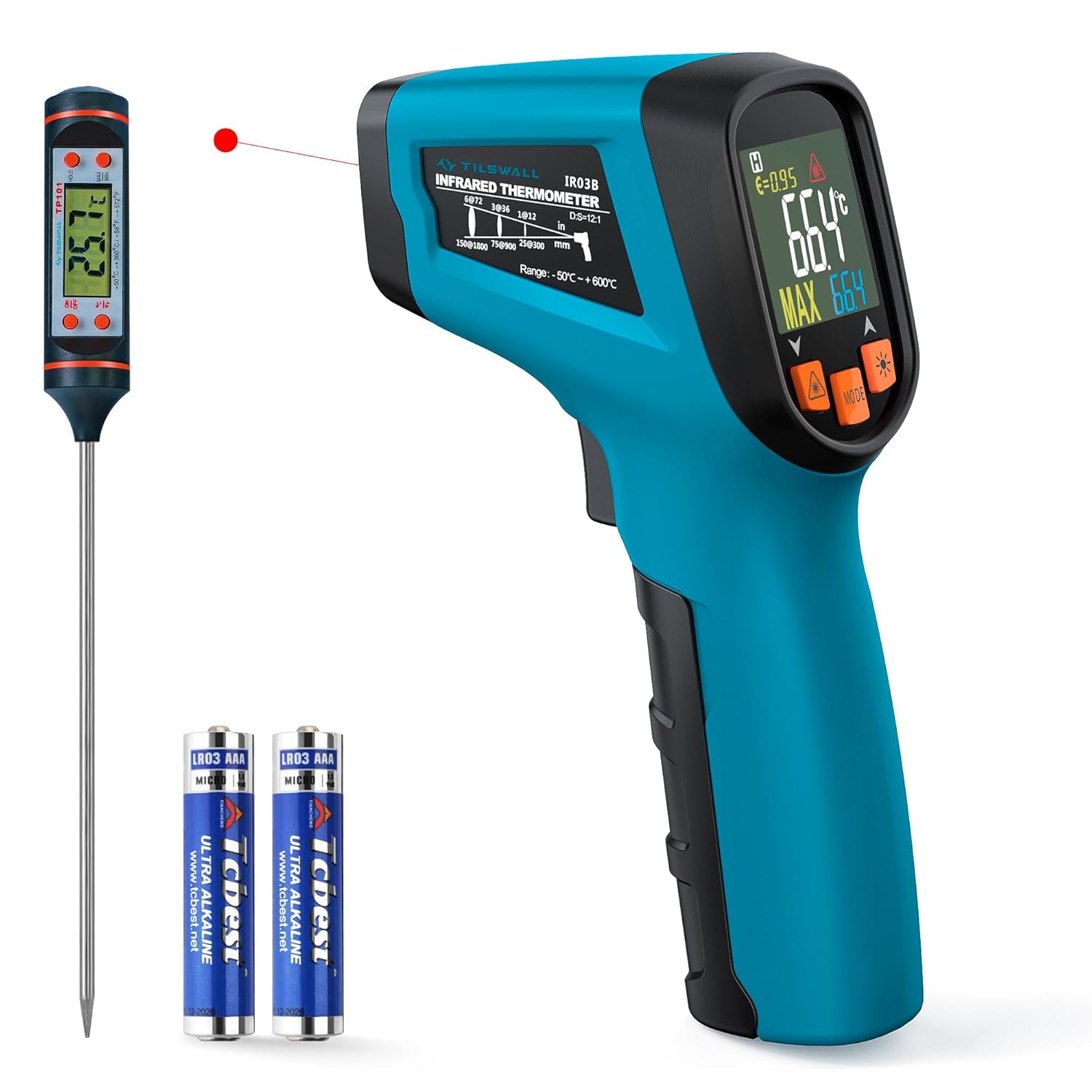 Detalle de Tilswall Infrared Thermometer Gun with Adjustable Emissivity (−50°C to 600°C) – for BBQ, Pizza Ovens and Vehicle Repair