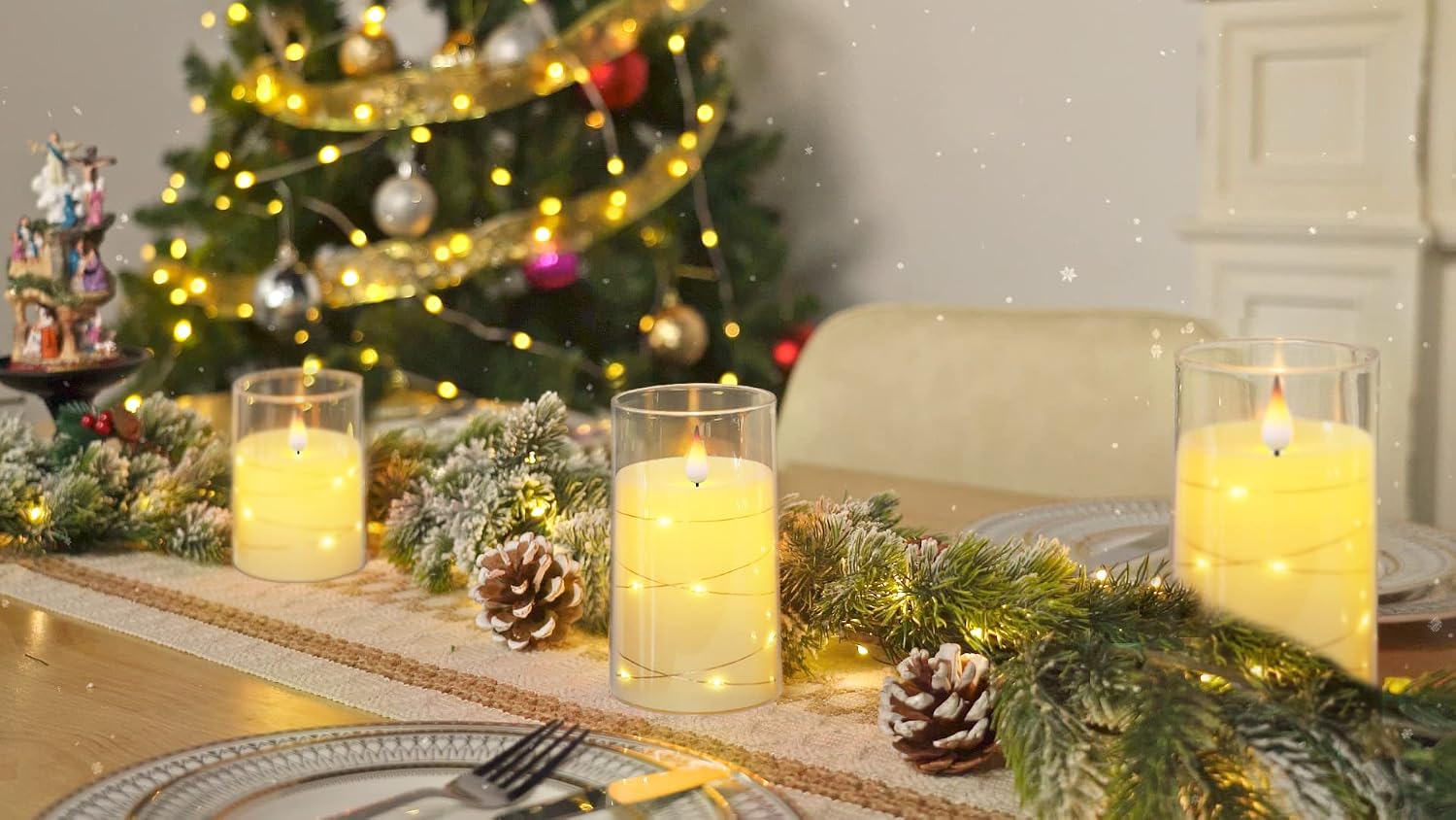 Thumbnail 4 de Homemory Ivory White Flameless Candles with 3D Flame and Fairy Lights (Set of 3)