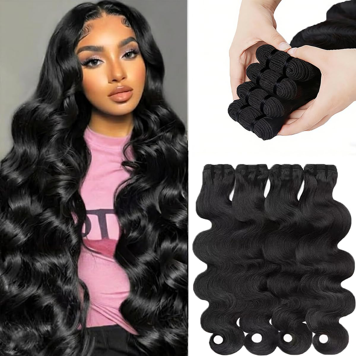 Thumbnail 6 de 14A Raw Human Hair Bundles (18 20 22 24 Inch) Brazilian Virgin Body Wave, 100% Unprocessed, 4 Bundles