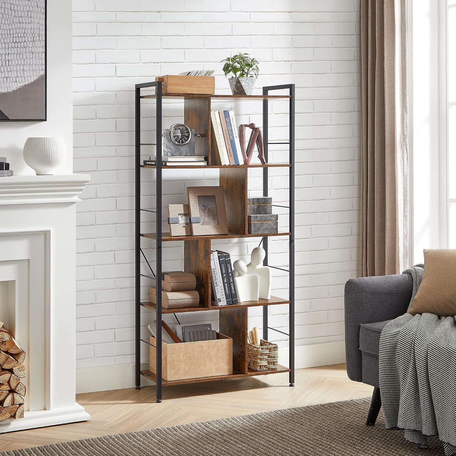 Detalle 2 de VASAGLE BARNET LBC121B01 5-Tier Bookshelf, Steel Frame, Rustic Brown and Black