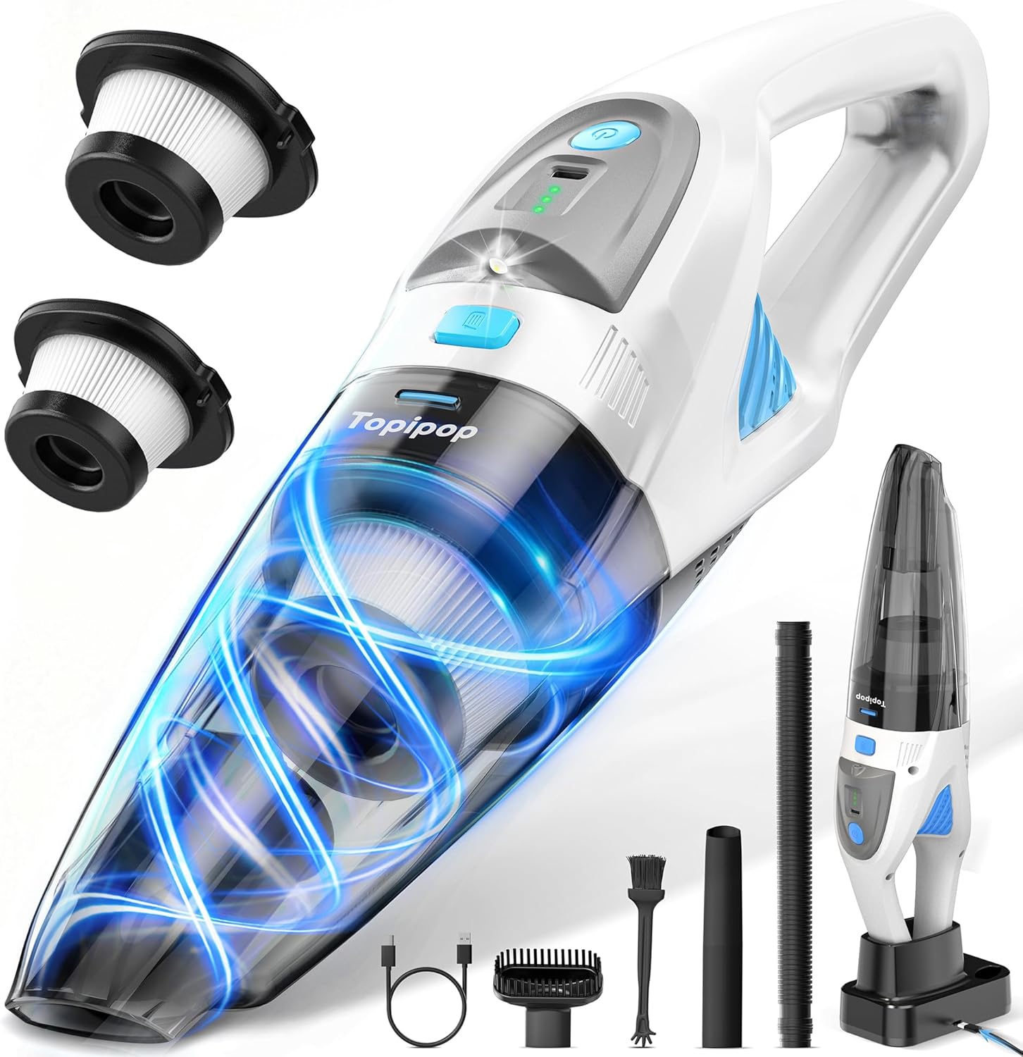 Detalle de Topipop Handstaubsauger 25000Pa – Akku mit Ladestation, 600 ml, HEPA-Filter, LED-Licht, 45 Min. Laufzeit (Weiß)