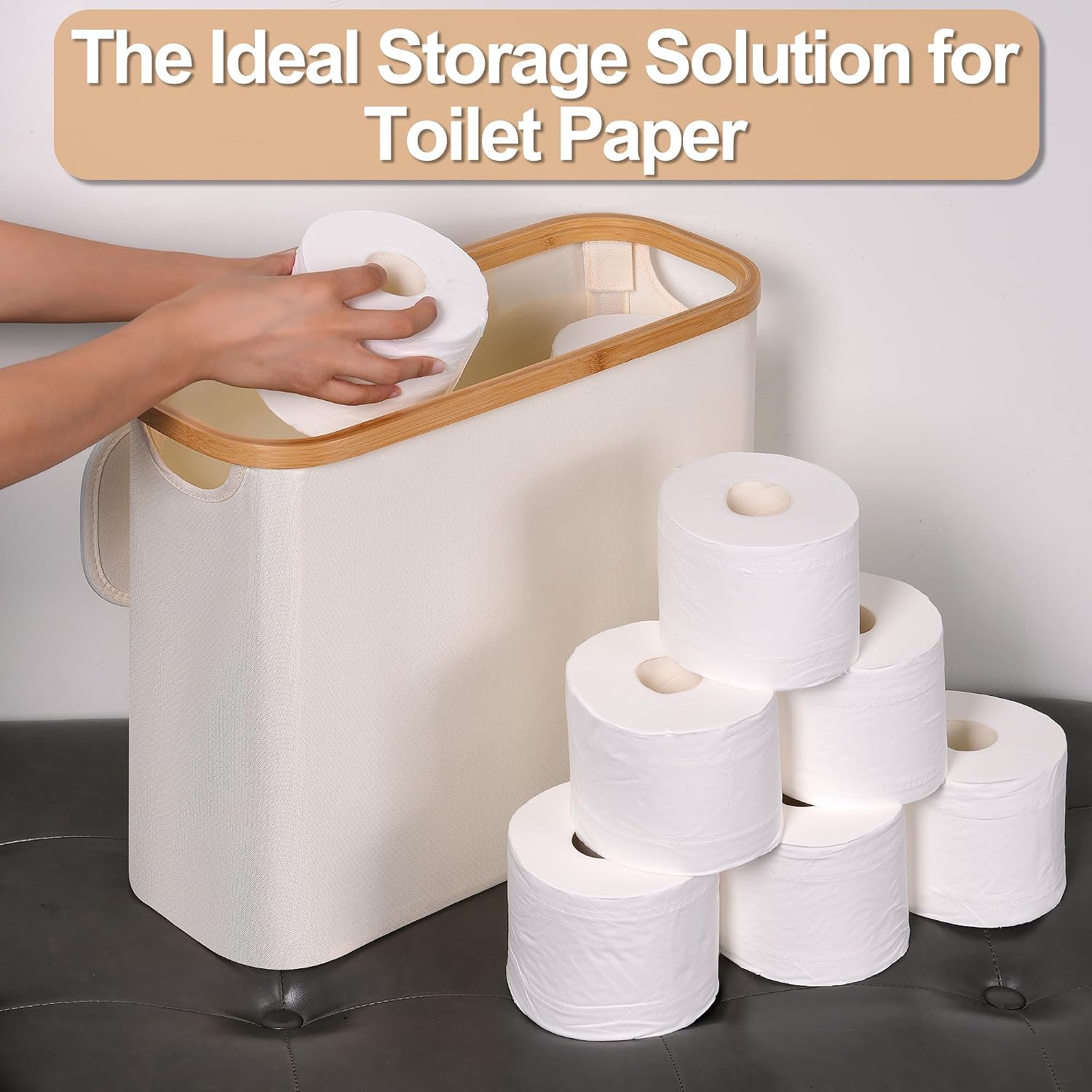 Thumbnail 5 de efluky 28L Toilettenpapier Aufbewahrung Korb mit Deckel – Bambus, schmaler Stellkorb für 9–12 Rollen, Beige