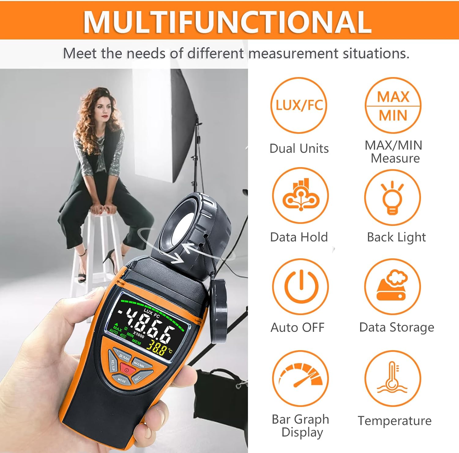Thumbnail 1 de H HoldPeak Handheld Digital Light Meter (0.1–400,000 Lux) with 270° Rotating Sensor