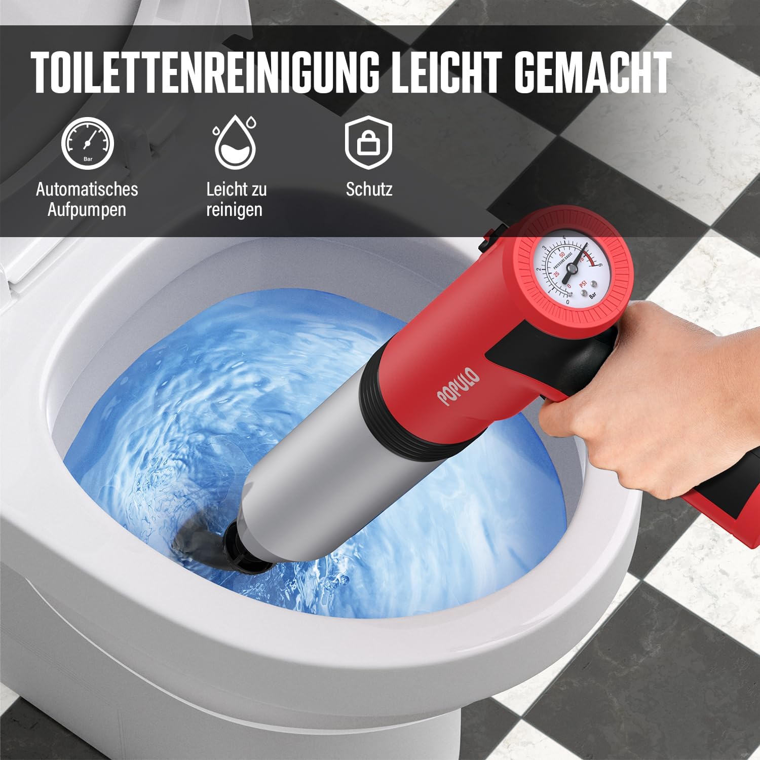 Detalle de POPULO Elektrischer Abflussreiniger (Pömpel/WC-Saugglocke) mit integrierter Luftpumpe