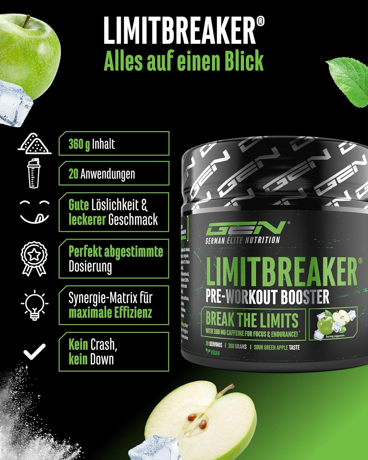 Detalle de LIMITBREAKER® Pre Workout Booster mit Koffein 300 mg – Sour Green Apple, 360 g Pulver