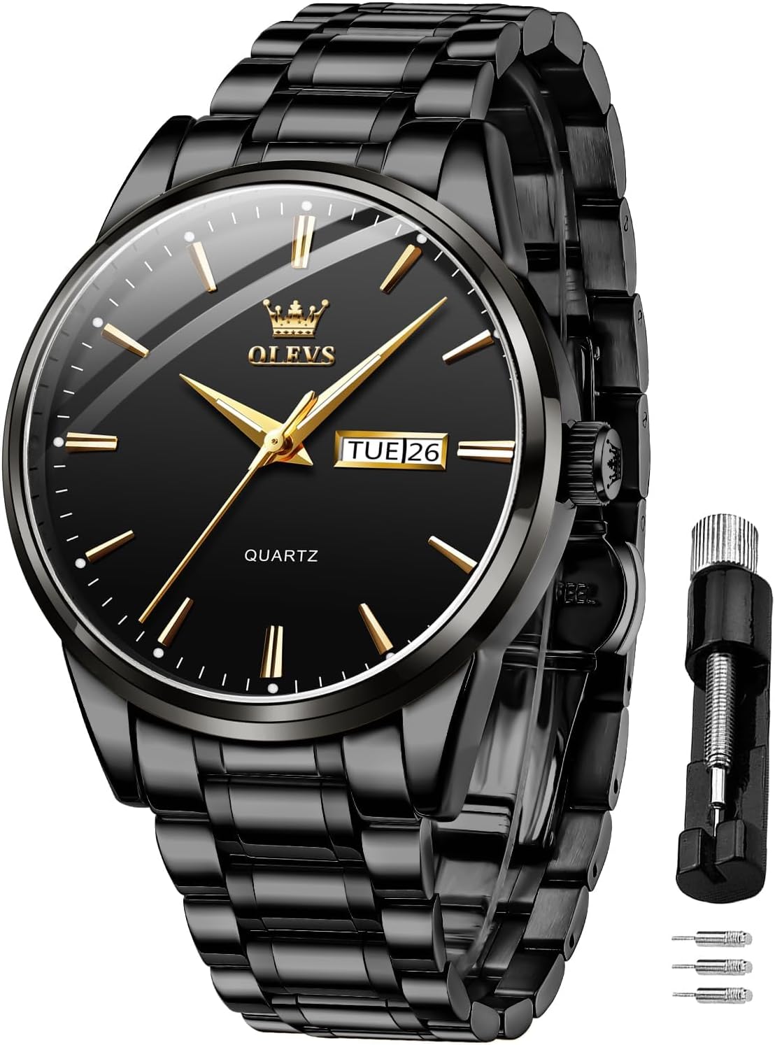 Thumbnail 6 de OLEVS Herrenquarzuhr Gold/Schwarz mit Edelstahlarmband – klassisches Datumsdesign, bis 30 m wasserdicht