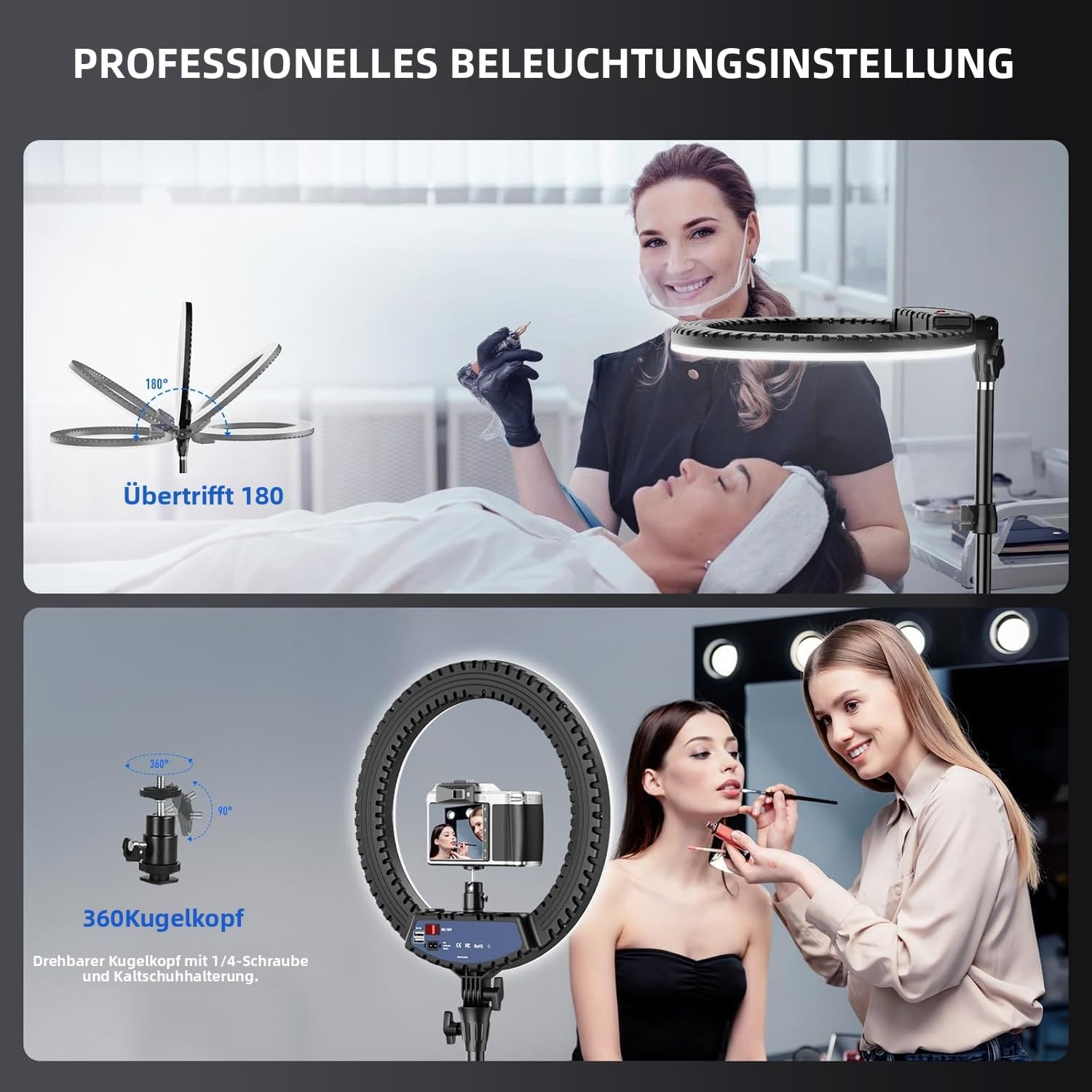Detalle de KOSCHEAL 18 Zoll Ringlicht mit Ständer – 3000–6500K, einstellbare Helligkeit, Mikrofon- und Soundkartenhalter