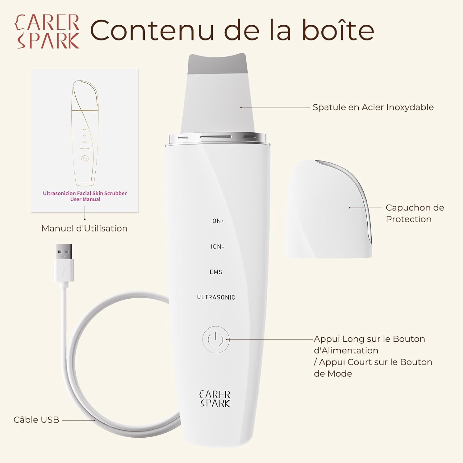 Thumbnail 1 de CARER SPARK Épurateur de Peau Ultrasonique – Spatule visage 5-en-1 avec EMS, ions et lumière rouge/bleue