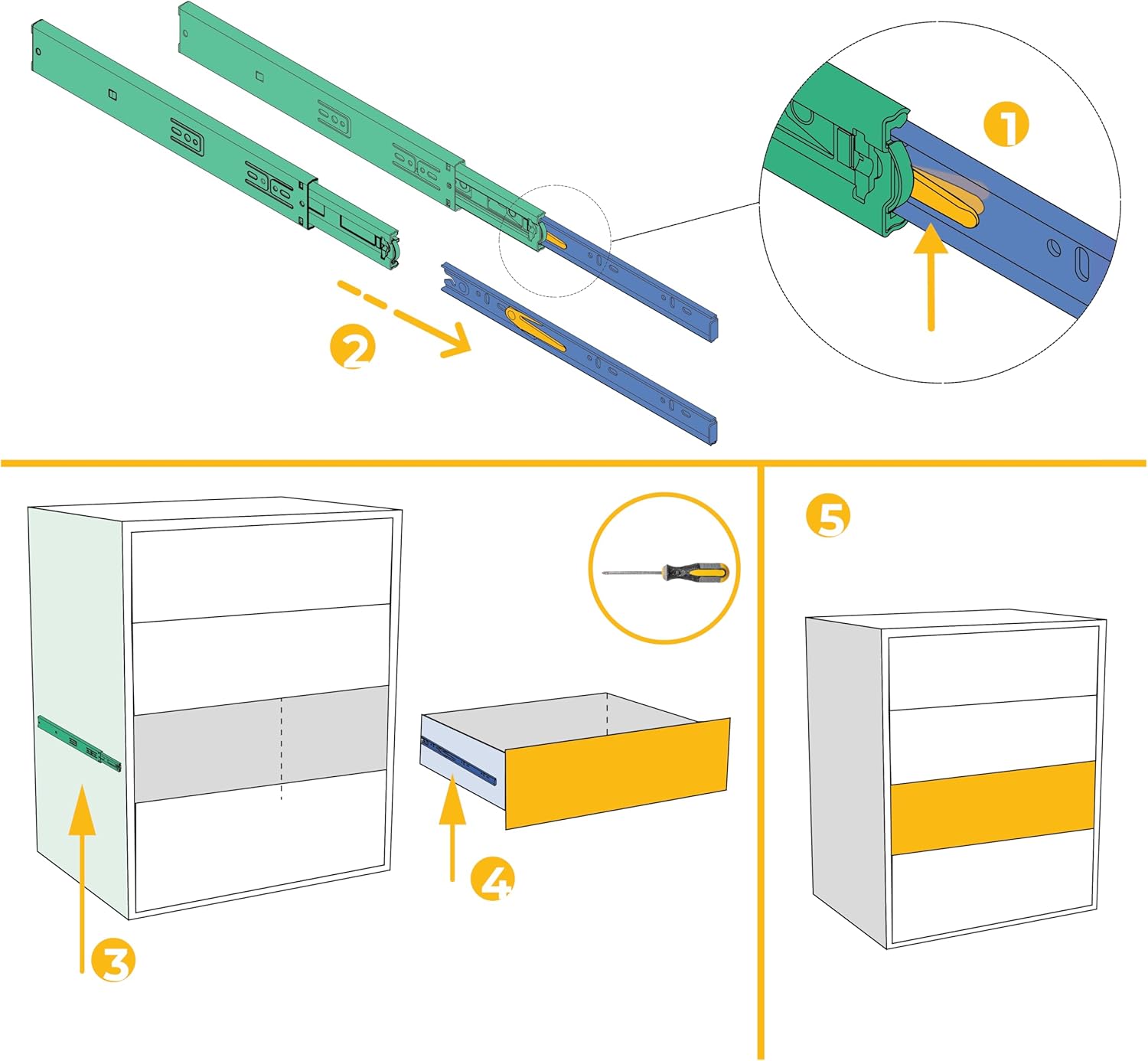 Thumbnail 1 de Emuca Schubladenschienen Kugellager Vollauszug 600 mm – Set aus 5 Paar, schwarz