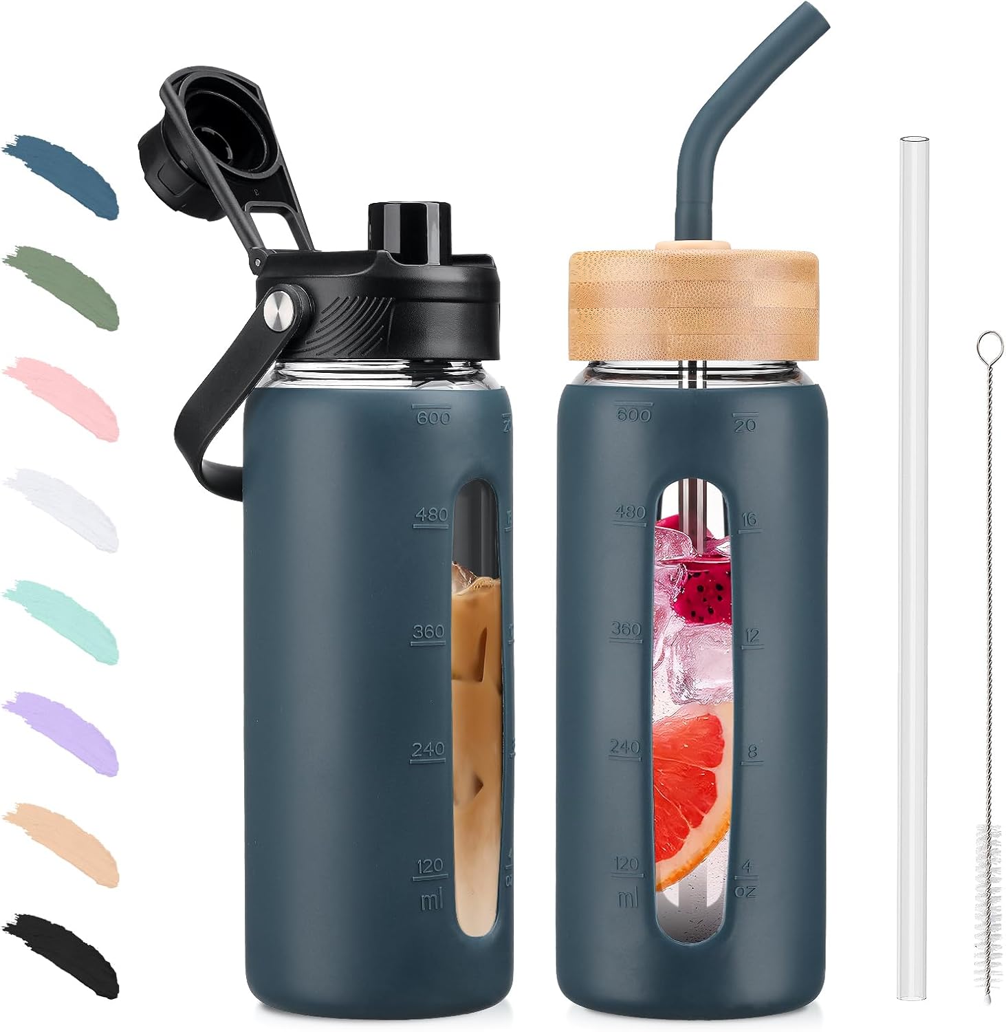 Detalle de BLUEGO 600ml Glass Water Bottle with Straw and Double Lids – BPA Free