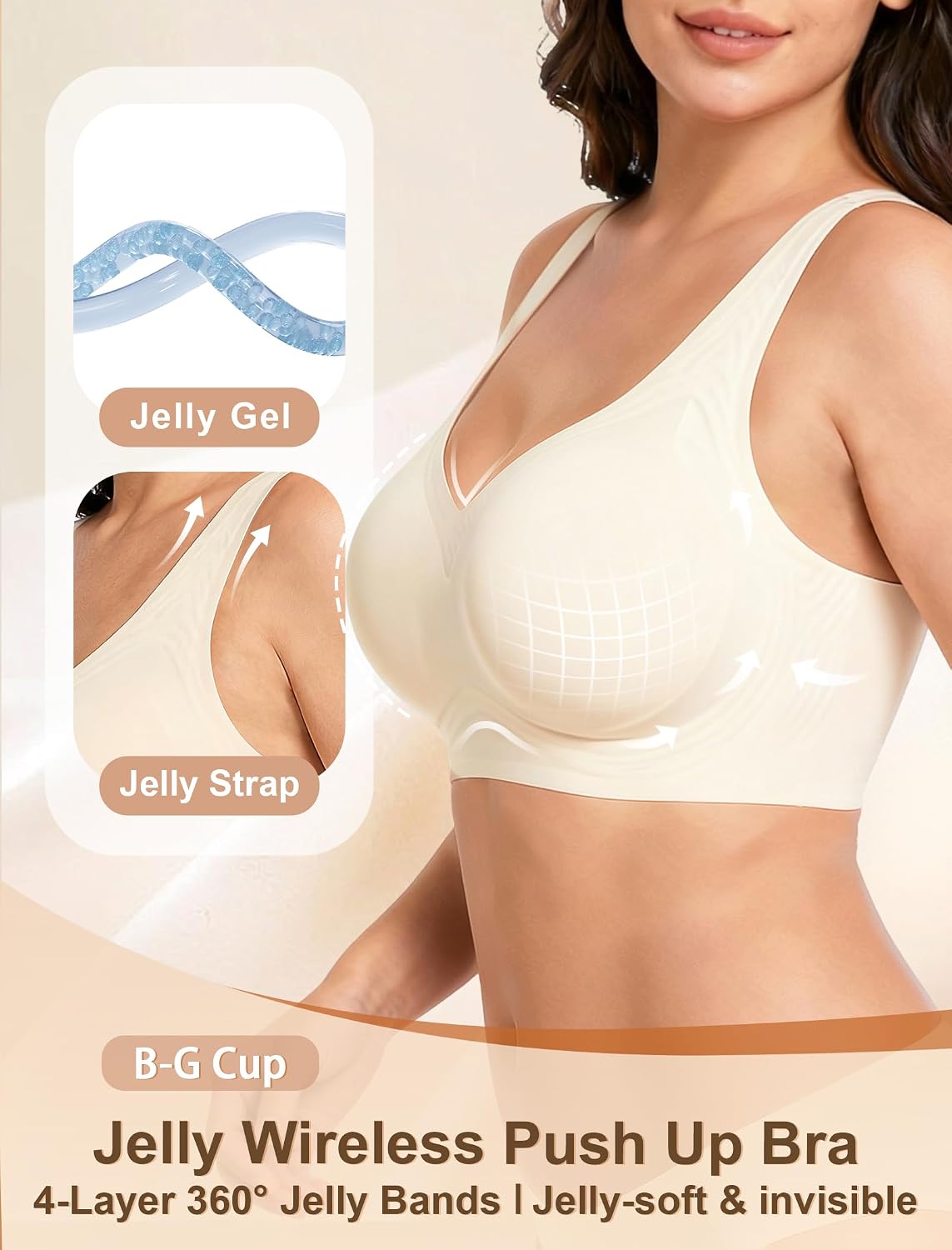 Detalle de Jelly Wireless Bra Plus Size: Supportive Seamless Full-Coverage Push-Up (No Underwire)