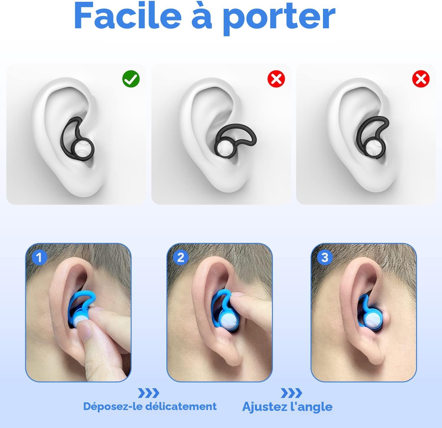 Detalle 2 de Lot de 3 paires de bouchons d’oreille WLSCTY en silicone souple (noir, bleu, vert) pour natation, douche et surf