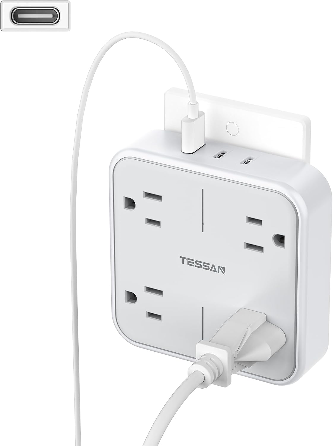 Detalle de TESSAN TS-WM102-2C Wall Outlet Extender, 4 AC Outlets, 2 USB-C