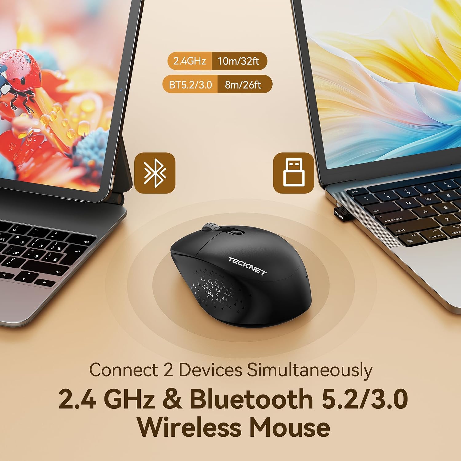 Detalle de TECKNET Silent Wireless Mouse: Multi-Device Ergonomic 2.4G/Bluetooth (BT 5.2/3.0)
