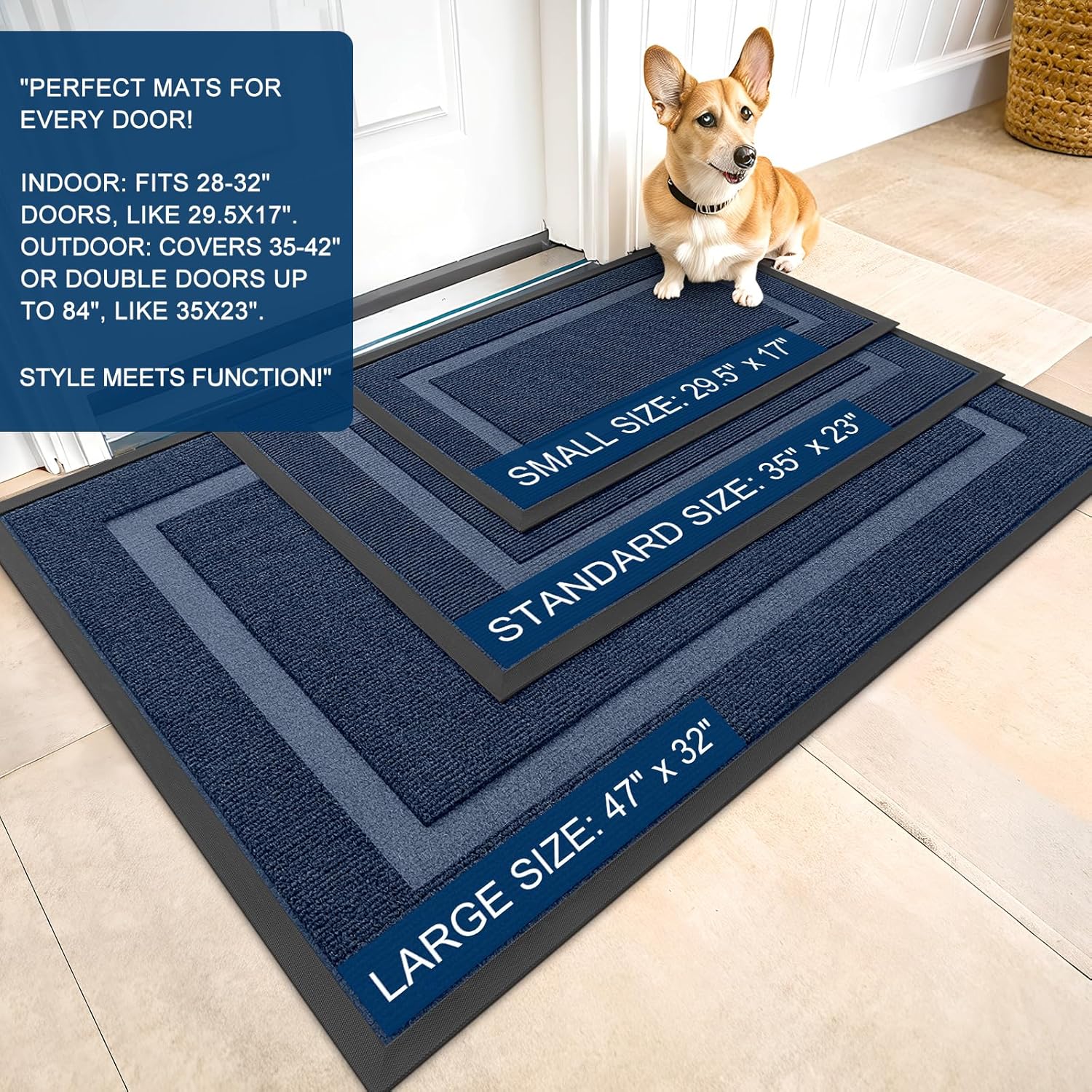 Detalle 2 de OLANLY Front Door Mat Indoor Outdoor Entrance (59x20, Blue): Low-Profile, All-Weather Doormat