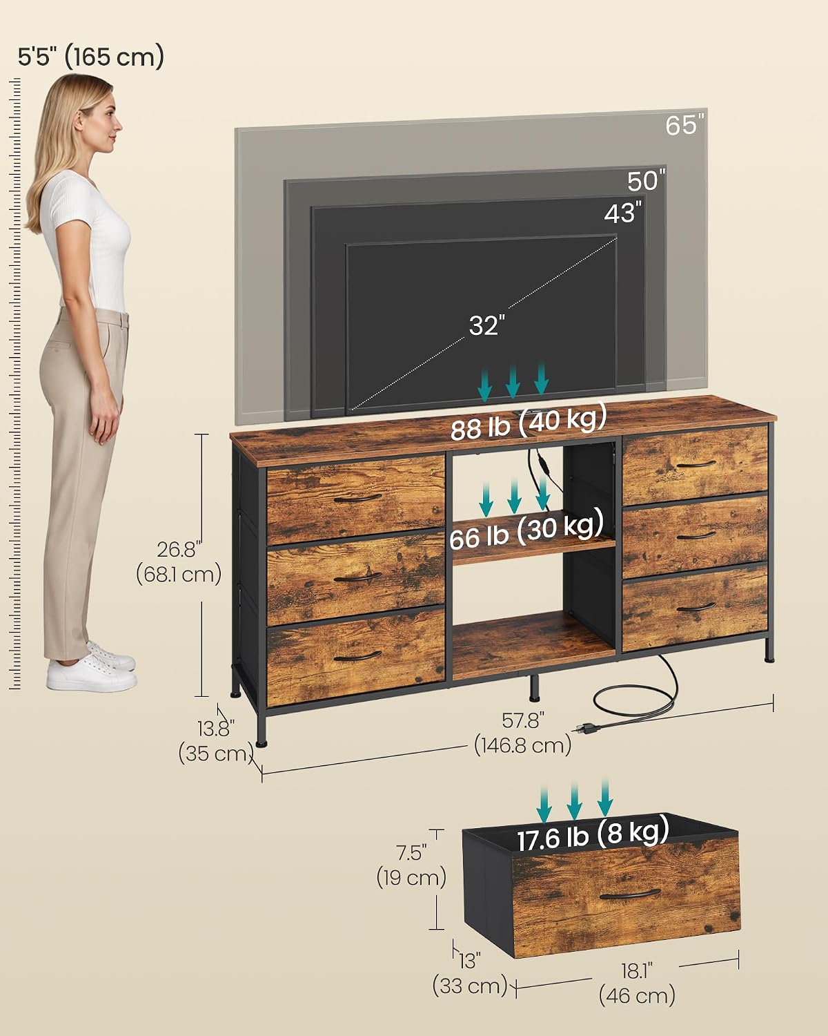 Detalle 2 de SONGMICS ULGS132K101 TV Stand, Rustic Brown, 6 Drawers and 2 Shelves