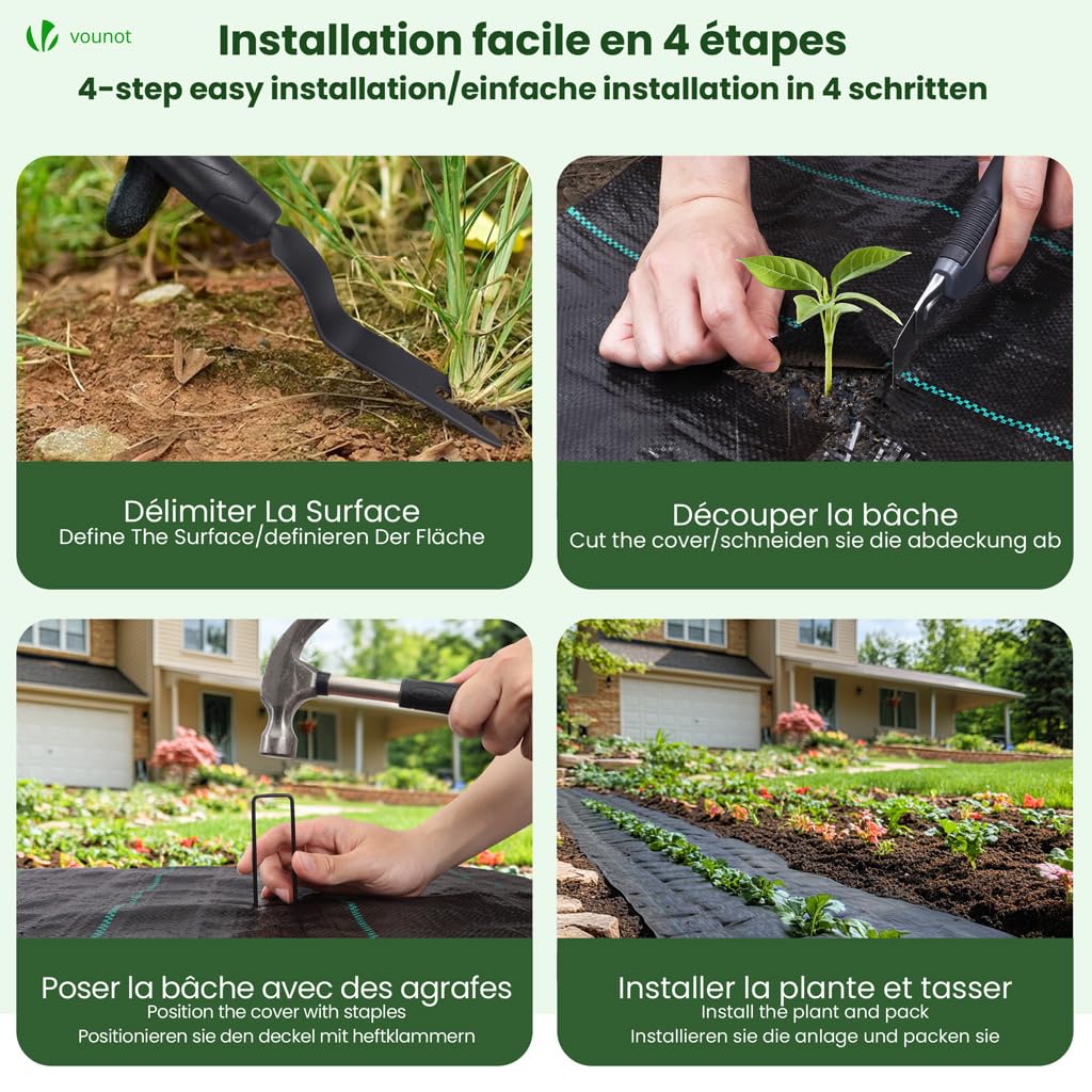 Detalle de VOUNOT Unkrautvlies 2x10m mit 30 Bodenankern – strapazierfähiges Mulchvlies, 100 g/m², PP-Gewebe