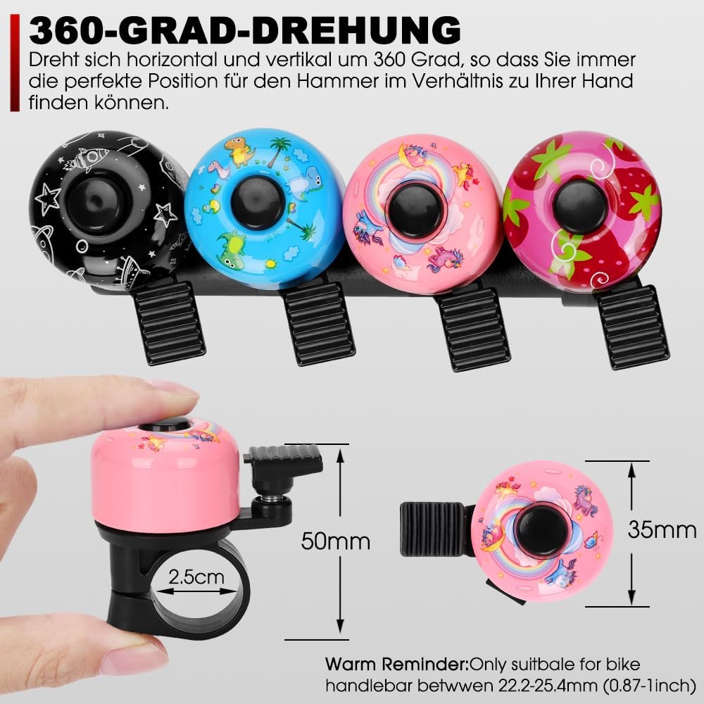 Detalle 2 de Kinder-Fahrradklingel 120 dB – Mini-Glocke für Fahrrad, Roller & Laufrad (für Mädchen, Jungen & Erwachsene)