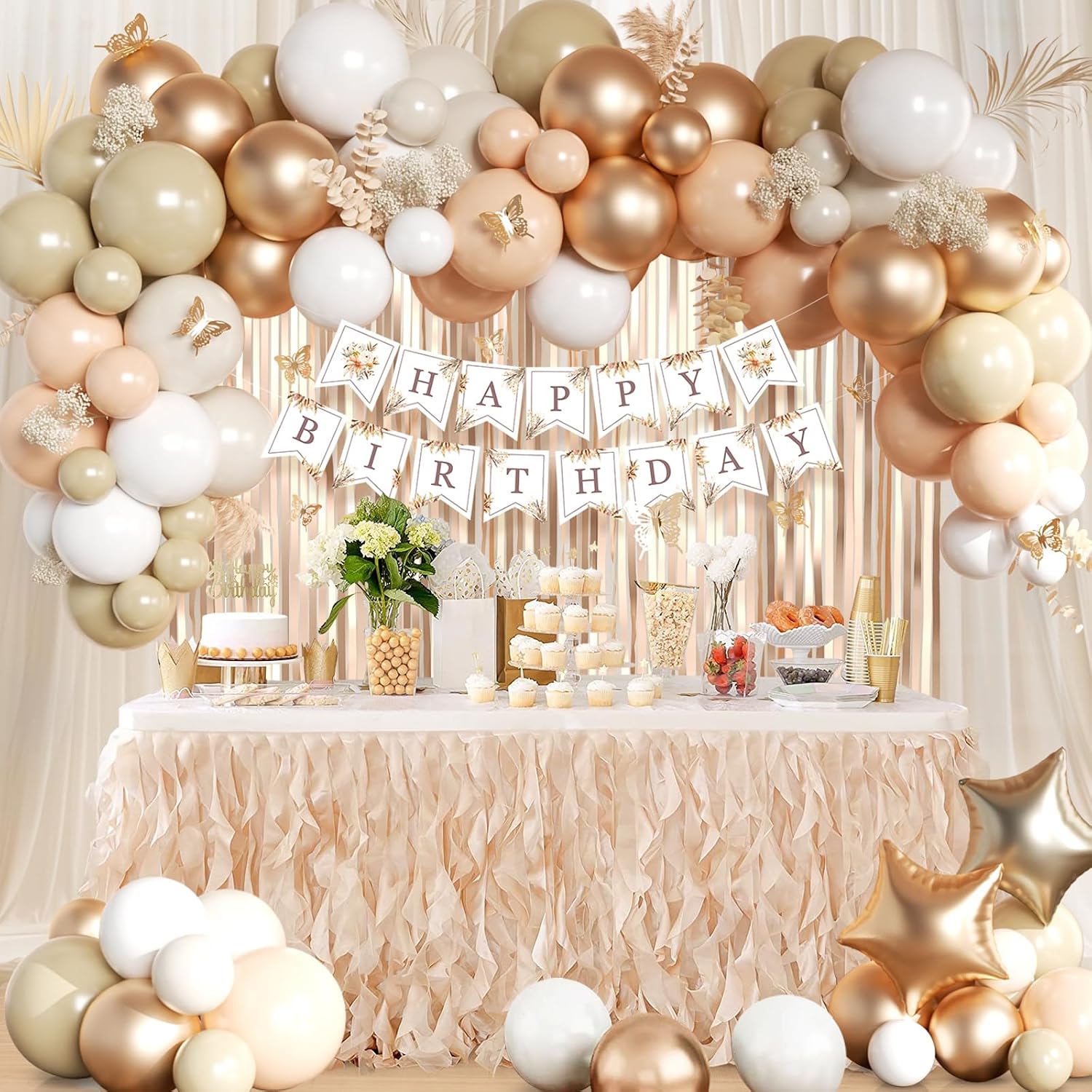 Thumbnail 4 de Geburtstagsdeko Beige Champagner Gold Set mit Happy Birthday Banner, Schärpe, Luftballons & Deko-Vorhang